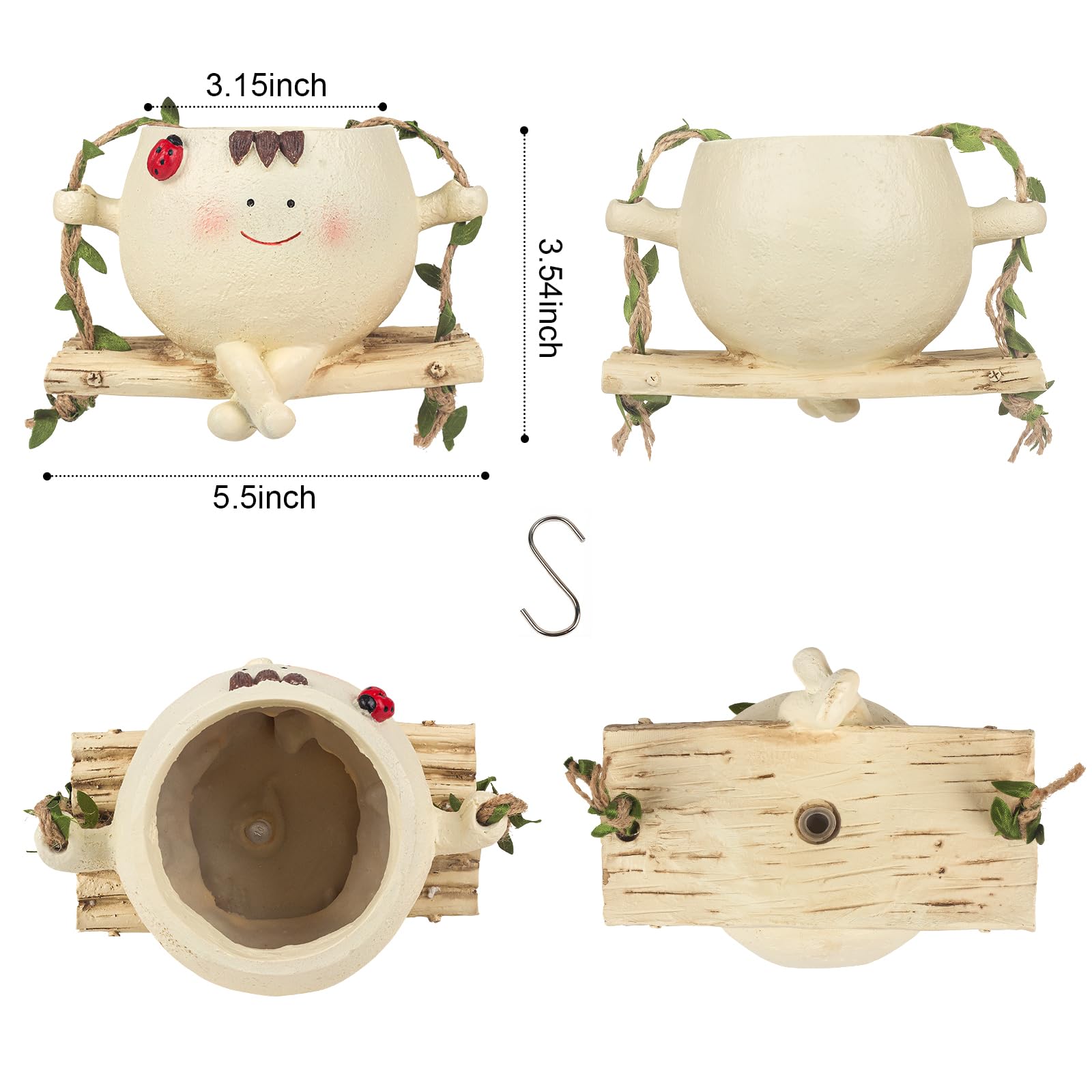 COWATM Swing Face Planter Pot Hanging Resin Flower Head Planters for Indoor Outdoor Plants Succulent Pots