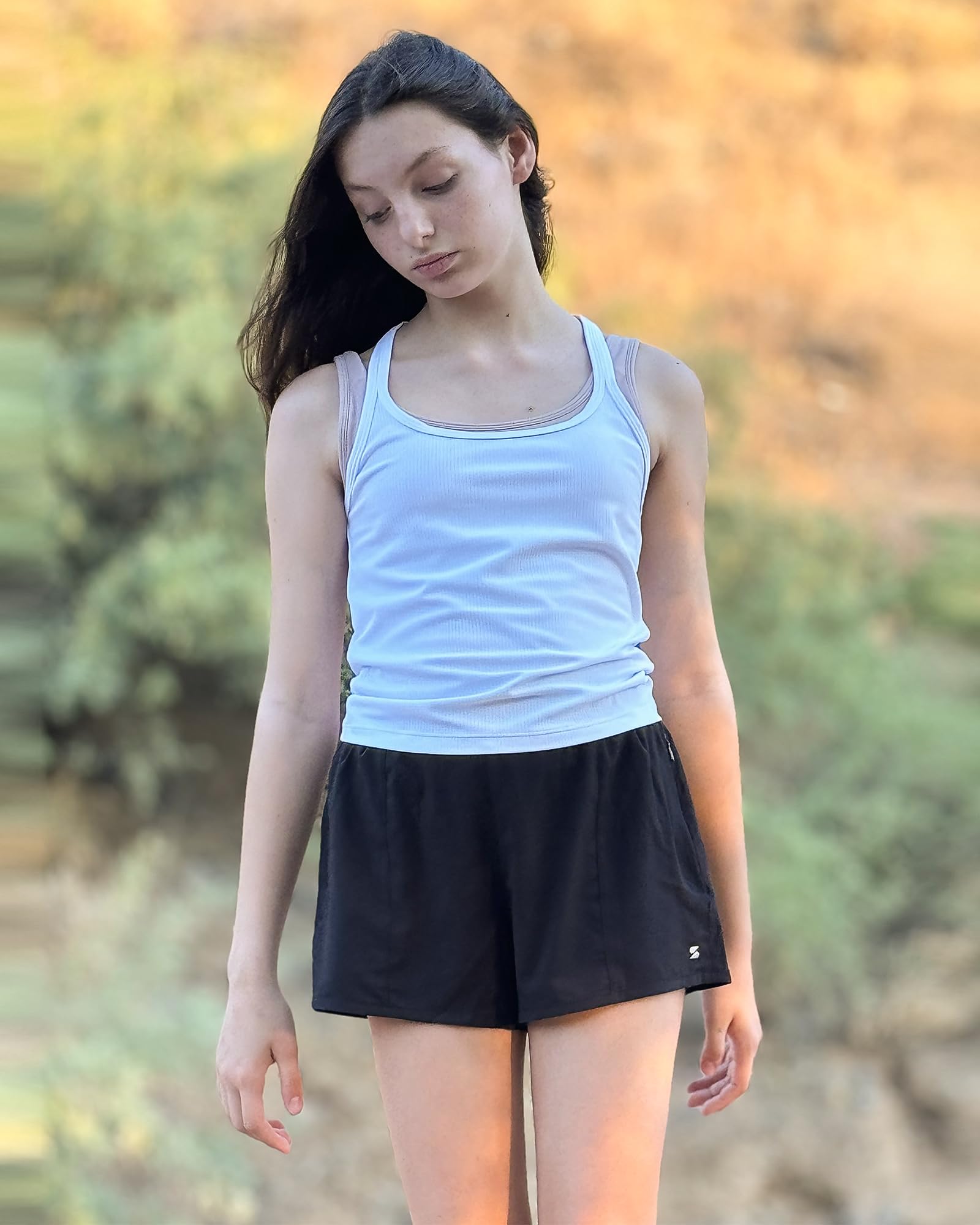 Stelle Girl's Athletic Shorts with Liner Zipper Pockets Elastic Waist Running Shorts Sports Active Shorts for Teen Kids(Black,L)