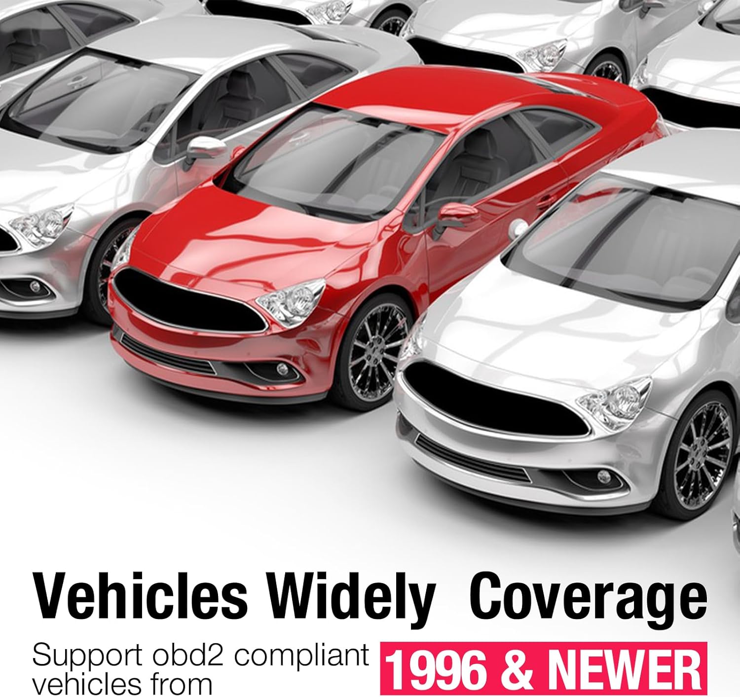 Multiple cars in a parking lot, illustrating wide vehicle coverage for OBD2 compliant vehicles from 1996 and newer.