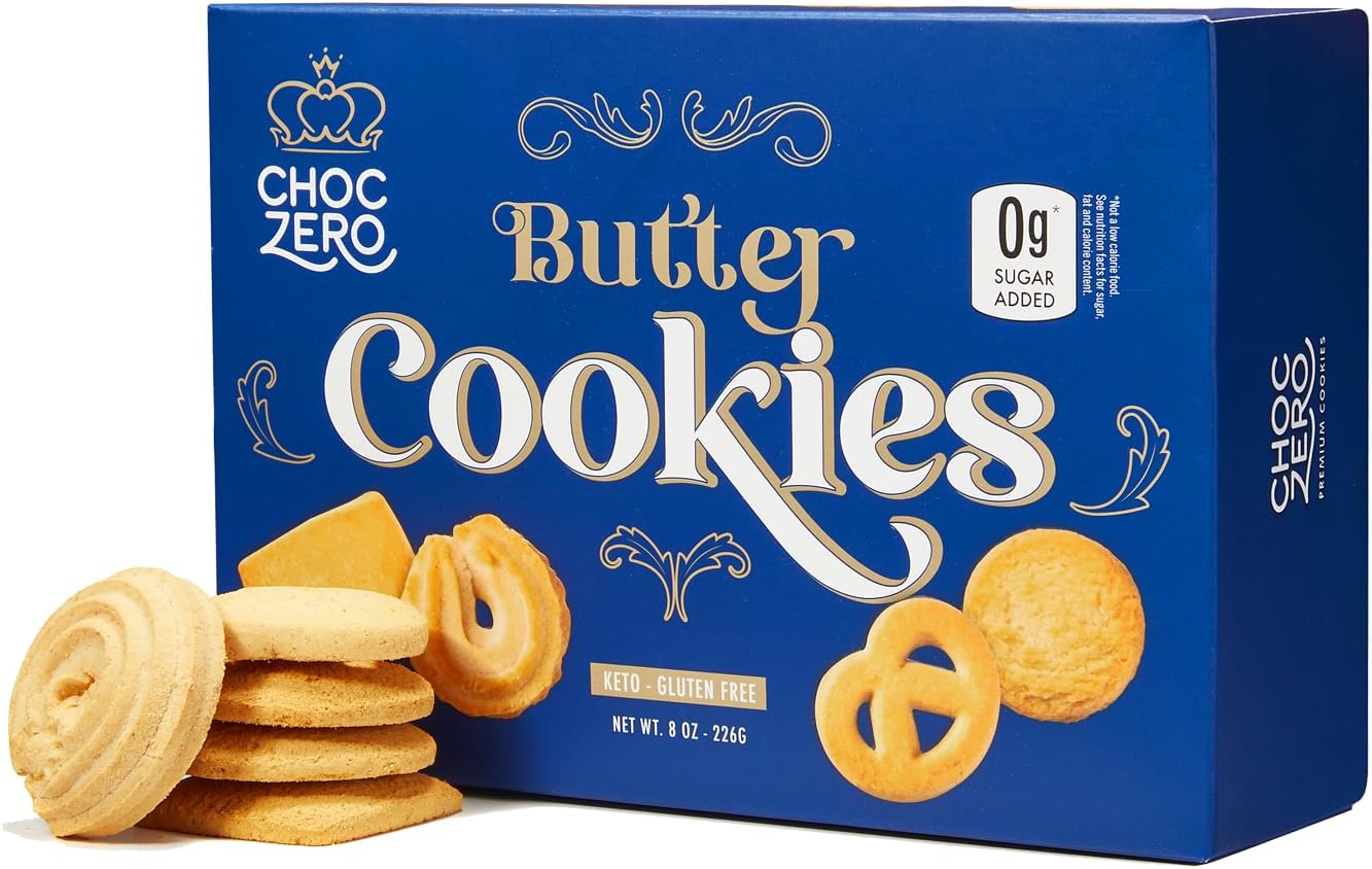 ChocZero Keto Butter Cookies, Sugar Free Danish Shortbread, Gluten Free, Low Carb, High Fiber, 8 oz Box