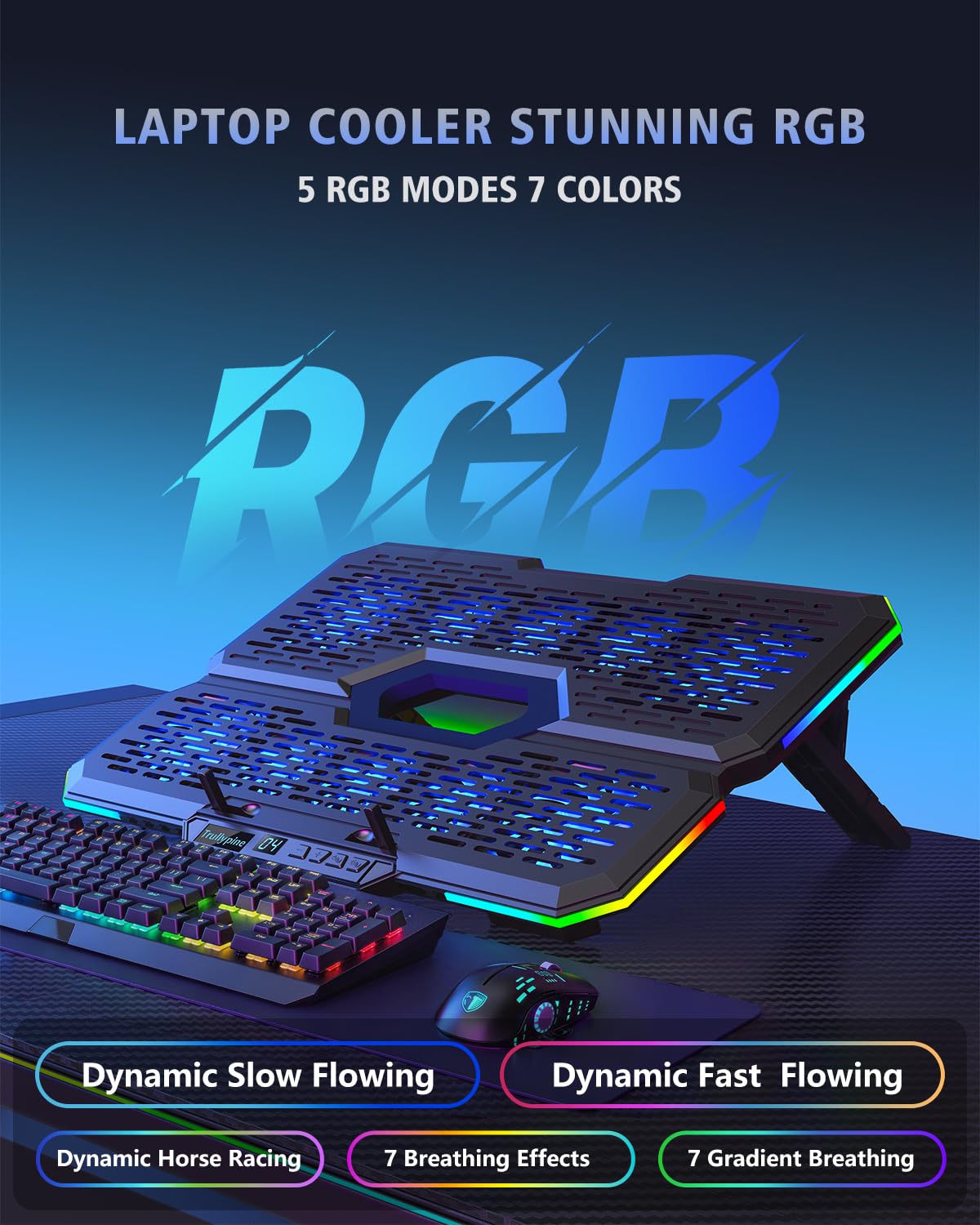 RGB Laptop Kühler mit 10 leisen Laptop Lüfter, 7 Fach verstellbar, USB-A/C, Handyhalterung, passend für 12–18,1 Zoll Laptops