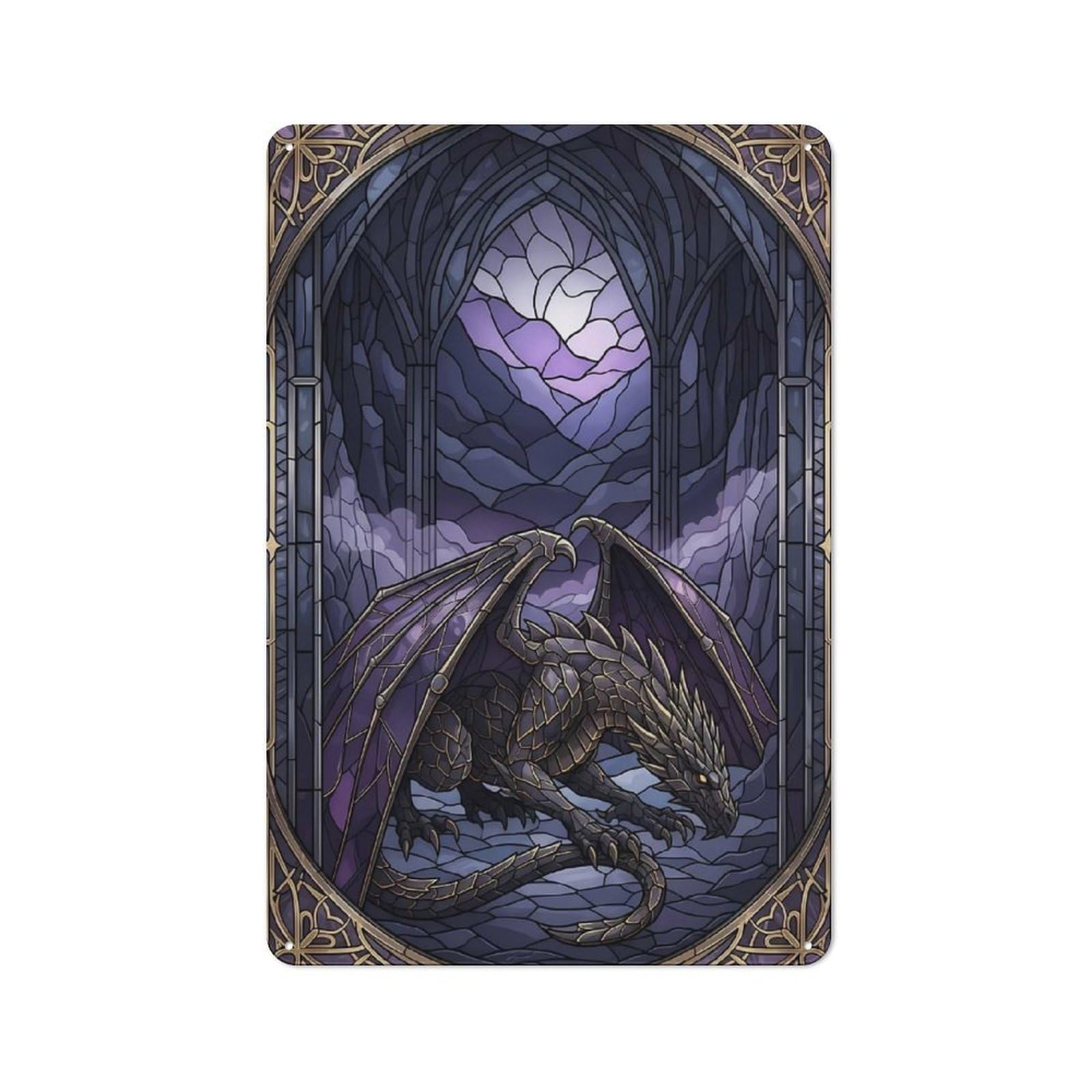 Junmoney Style-10 Modern Retro Decorative Metal Plaque 30X20cm Featuring Stained Glass Dragon In Gothic Archway, Loft Wall Plaque For Flat, Bar, Studio Or Gallery Wall
