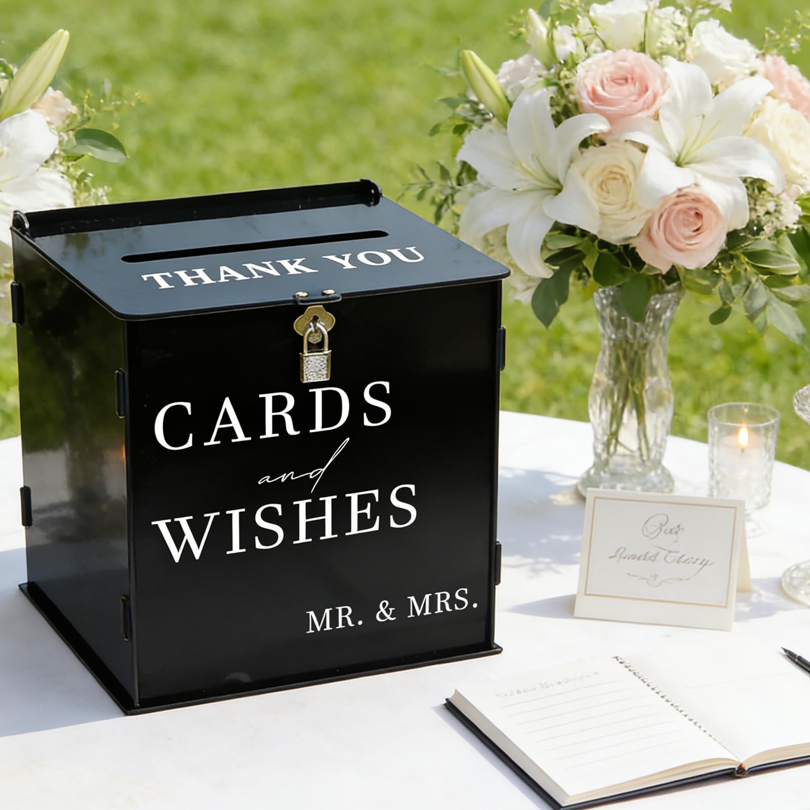 Photo 1 of SOFARKKT Black Acrylic Card Box with Slot & Lock, DIY Large Wedding Card Boxes for Reception, Elegant Money Envelop Gift Cards Box for Party Wedding Birthday Baby Shower Graduation Table Decor