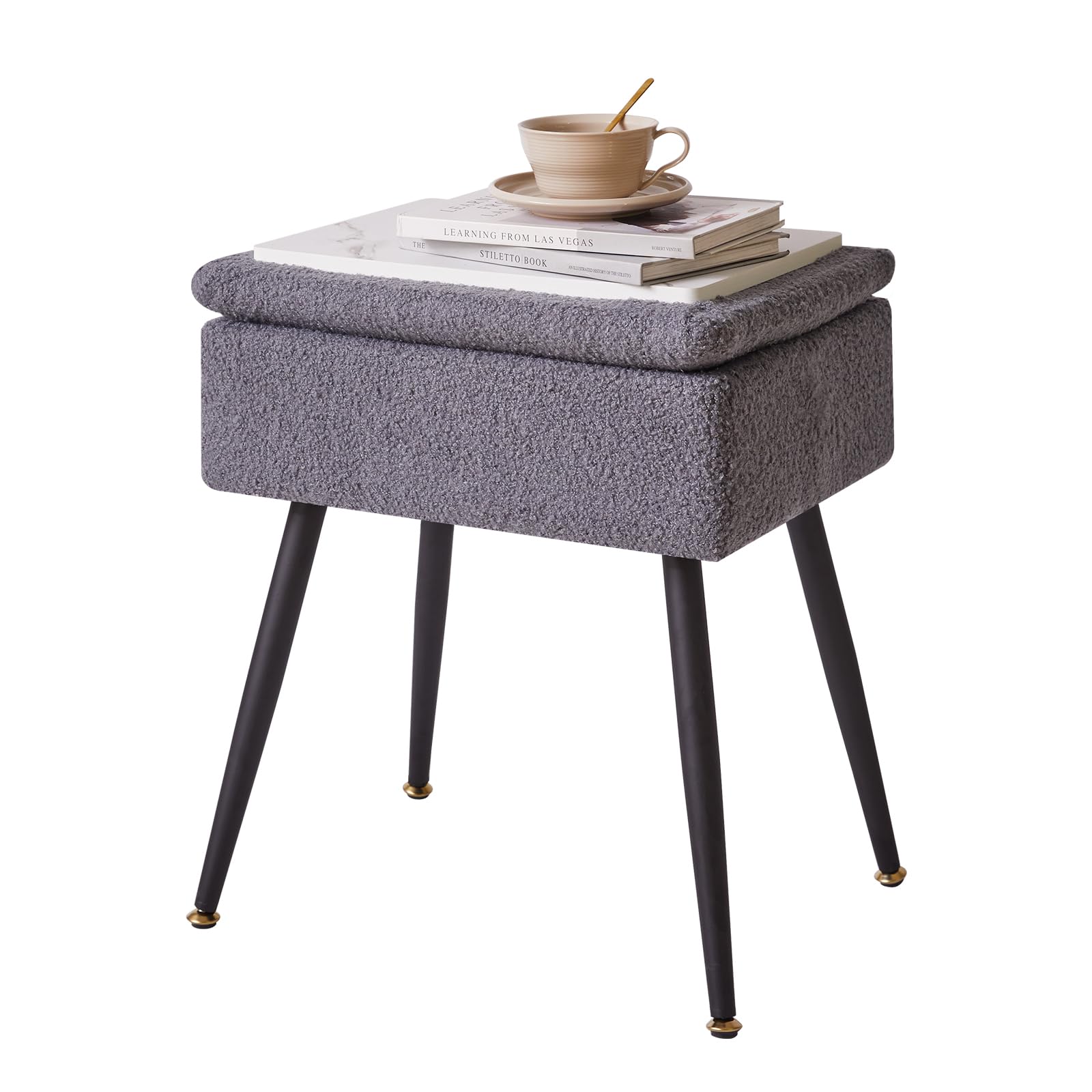 Aibiju Vanity Stool Chair Teddy Velvet with Storage, Grey Ottoman with Storage, Furry Padded Stool with 4 Metal Legs, 15.7" L x 11.8" W x 18.1" H