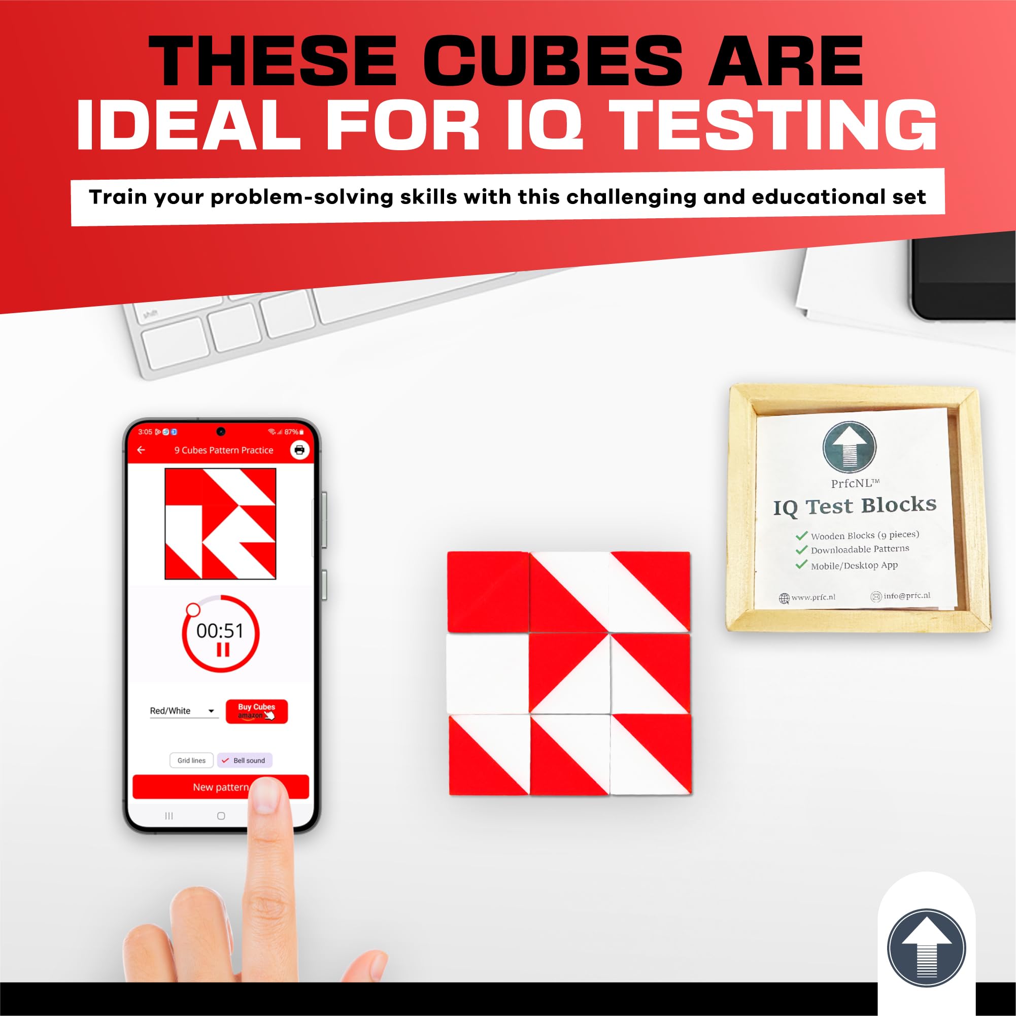 PrfcNL IQ-Testblöcke: 9 Holzwürfel aus Holz in Weiß und Rot, 60 Muster, Mobile App, Ideal für WISC, WAIS, WPPSI-IQ Test Vorbereitung, Puzzle
