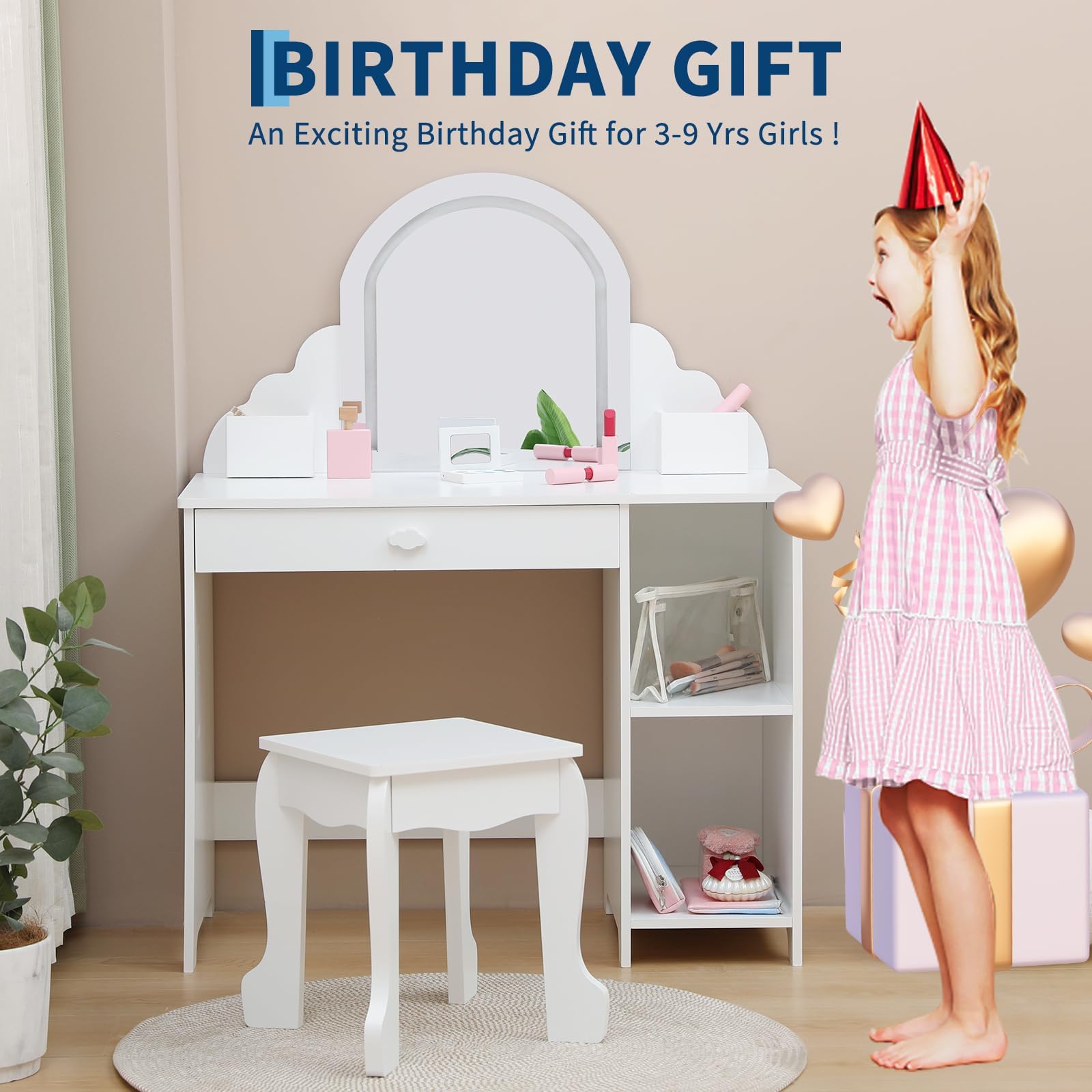 Zstar 2-in-1 Kinder Schminktisch LED Spiegel Hocker Zubehör | Weißer Frisiertisch mit höhenverstellbarem Licht, Schublade, Regal und Make-up Zubehör