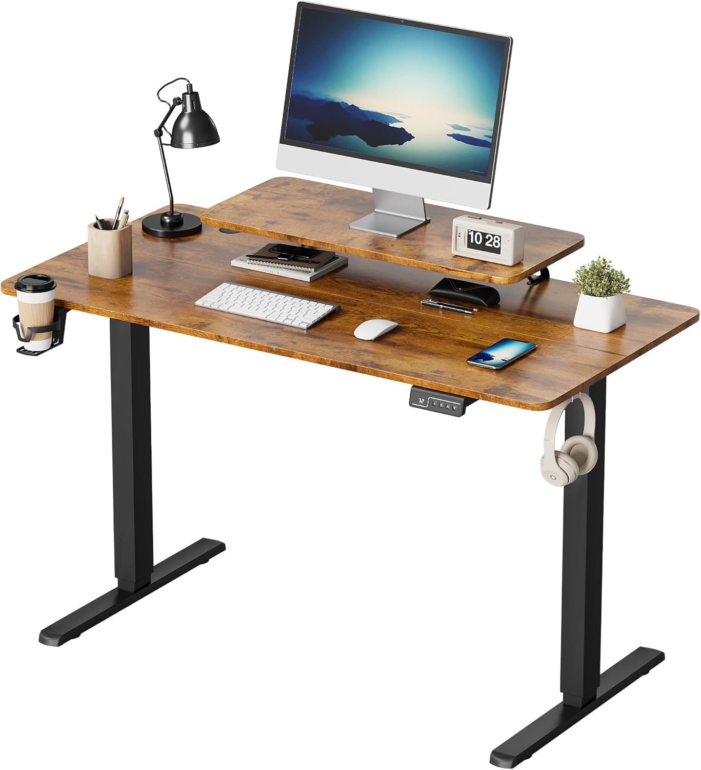 Furmax Electric Standing Desk with Monitor and Laptop Workstation, 47x 24 Inches Height Adjustable Sit Stand Up Desk, Computer Workstation with Cup Holder and Hook, Cables Holes, Carbon Black