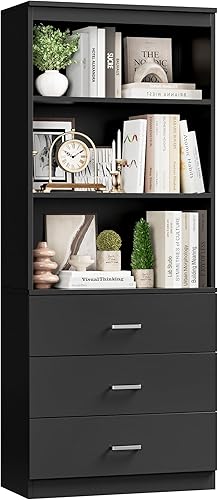 Miniatura 7 de FOTOSOK Estantería de 180 cm de alto en negro con cajones, estantería y mueble para libros con 3 estantes abiertos, estantería alta y gabinete de