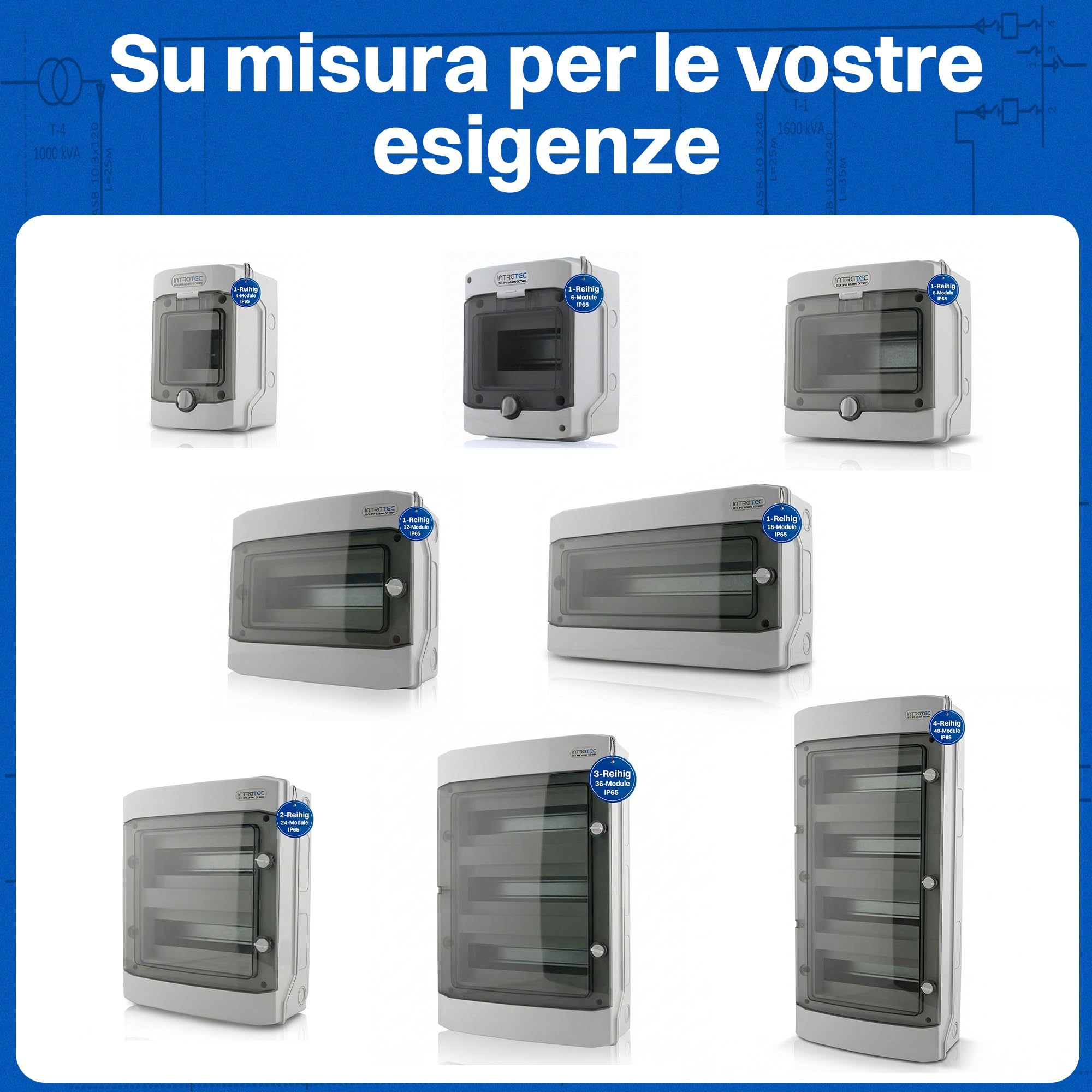 Intratec Centralino da Parete 2 Fila IP65 – Quadro Elettrico per 24 Moduli DIN – Cassetta di Sottodistribuzione Stagna per Esterni Garage Cantina Giardino – 400VAC 1500VDC, 318 x 384 x 144 mm
