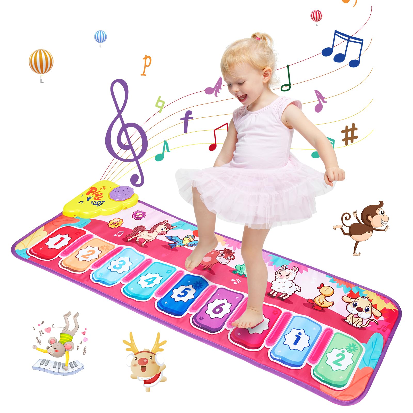 Januts Kids Piano Mat Music Dance Mats Multi-function Touch Play Keyboard Mat with 9 Keys & 8 Animal Sounds Musical Carpet Mat Dancing Toy Educational Toys for Boys Girls, Light Pink