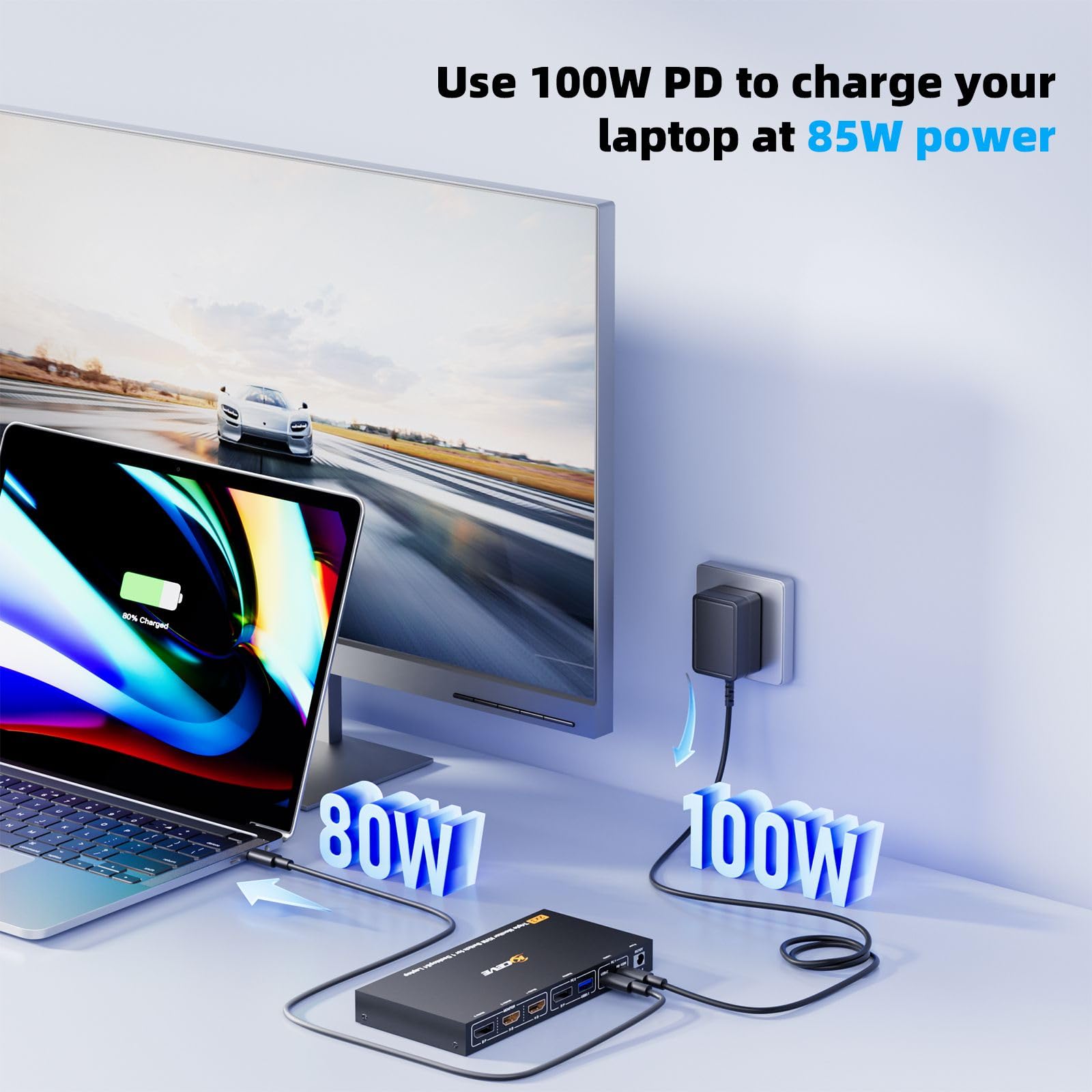 Conmutador KVM 4K@60Hz USB C DP 1 PC 1 Laptop Comparte 3 Monitores y 4 Puertos USB 3.0, PD 100 W para Laptop, Conmutador KVM de Acoplamiento USB-C con Fuente de Alimentación, Control Remoto por Cable