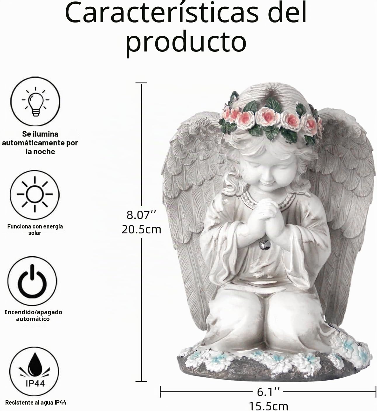 Figuras de jardín de Syfunlv: Ángel solar de resina blanca, decoración de jardín con luz solar, 20.5 cm x 15.5 cm x 14 cm