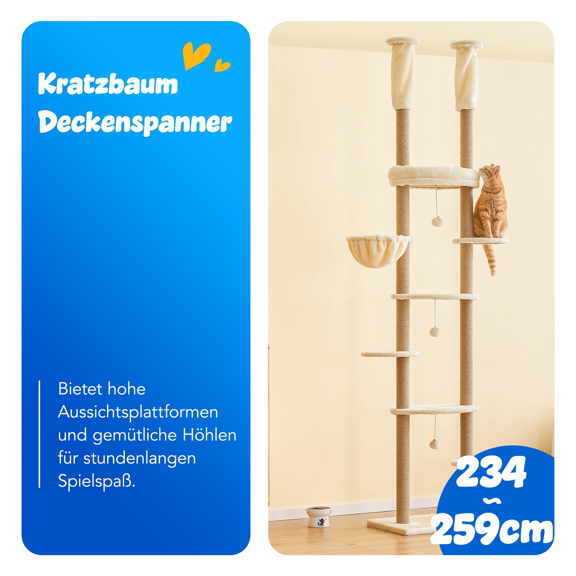 Deckenhoher Katzenbaum 234-259 cm höhenverstellbar, 2-Säulen-Design mit 12 sisalumwickelten Pfosten, mehrstöckig mit weichen Liegeflächen, Hängematte, Plattformen & Spielball, Beige