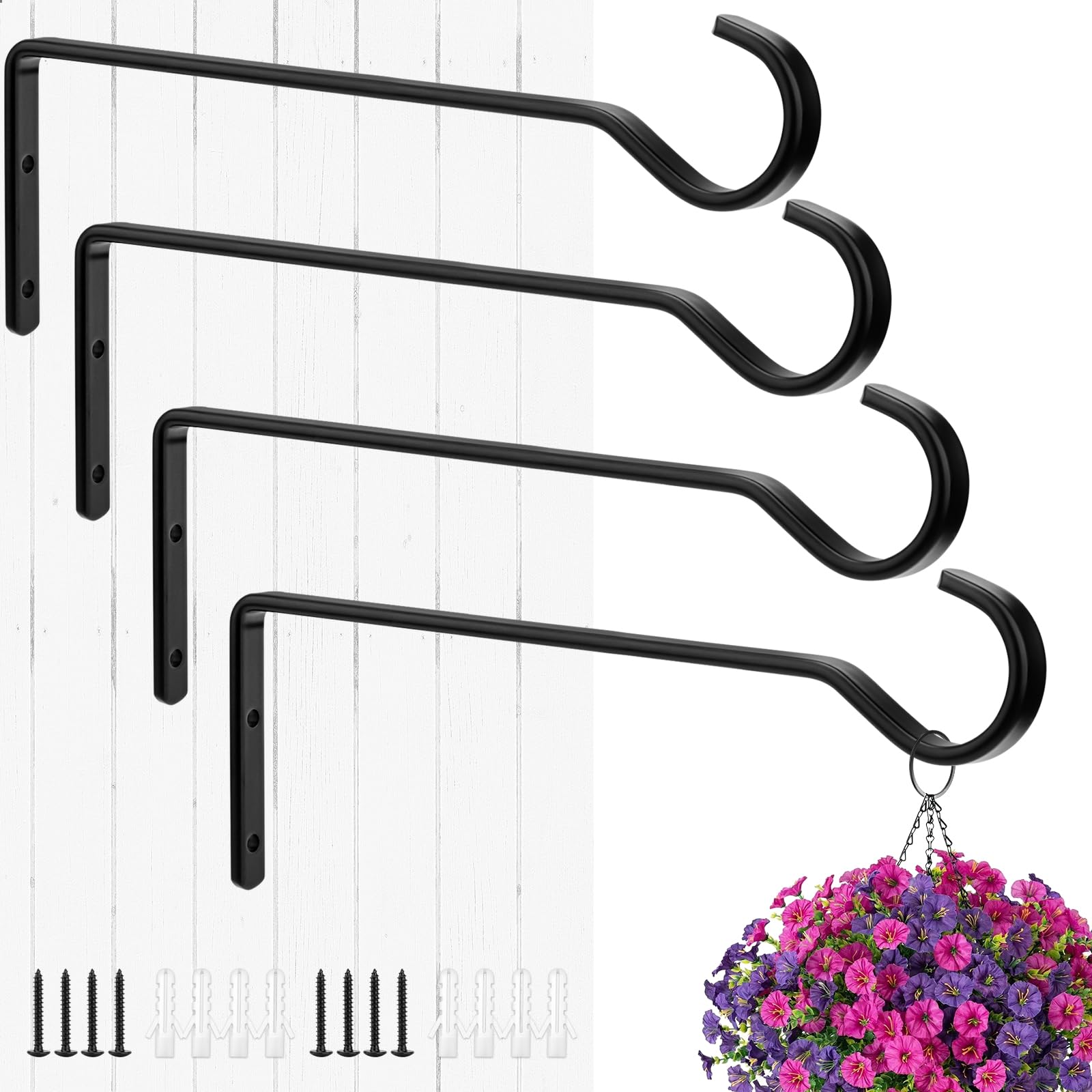 4 Pack 8 inches/20.3 cm Hanging Basket Bracket, Hanging Basket Brackets Outdoor, Bird Feeder Bracket, Heavy Duty Hanging Baskets for Hanging Plants, Baskets, Wind Chime, Bird House (Black, Metal)