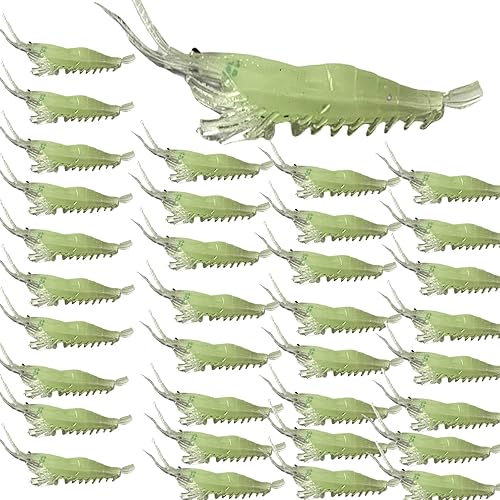 DAMIDEL Juego de 30 señuelos de pesca de camarón de simulación de agua salada de plástico suave, juego de señuelos de camarón Lumionous tamaño