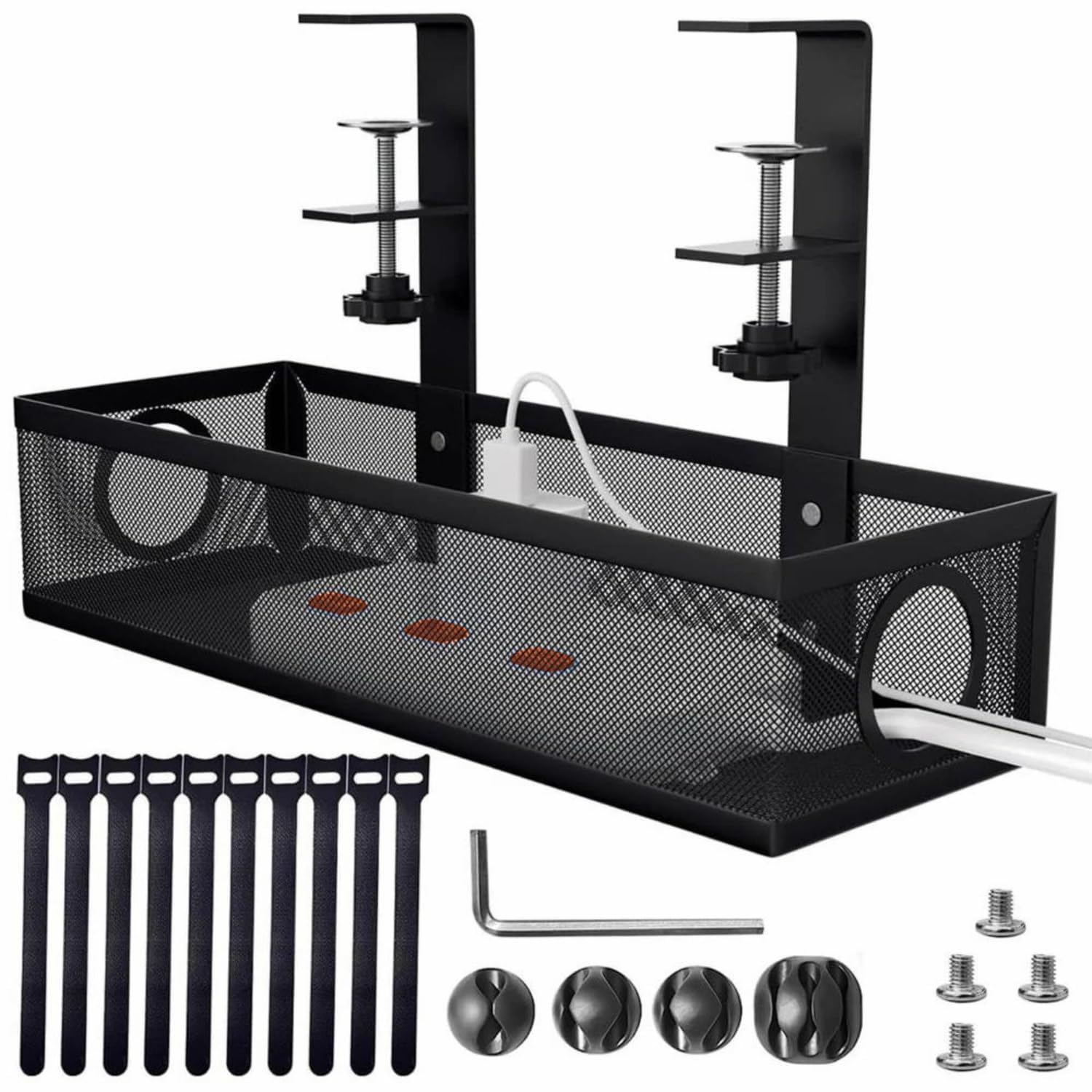 Adjustable Under Desk Cable Organizer Rack (Black) – Metal Wire Management Tray for Power Strips, Extension Cords & Cables – Clamp-On or Screw-Fixed Desk Holder for Home & Office-image-44
