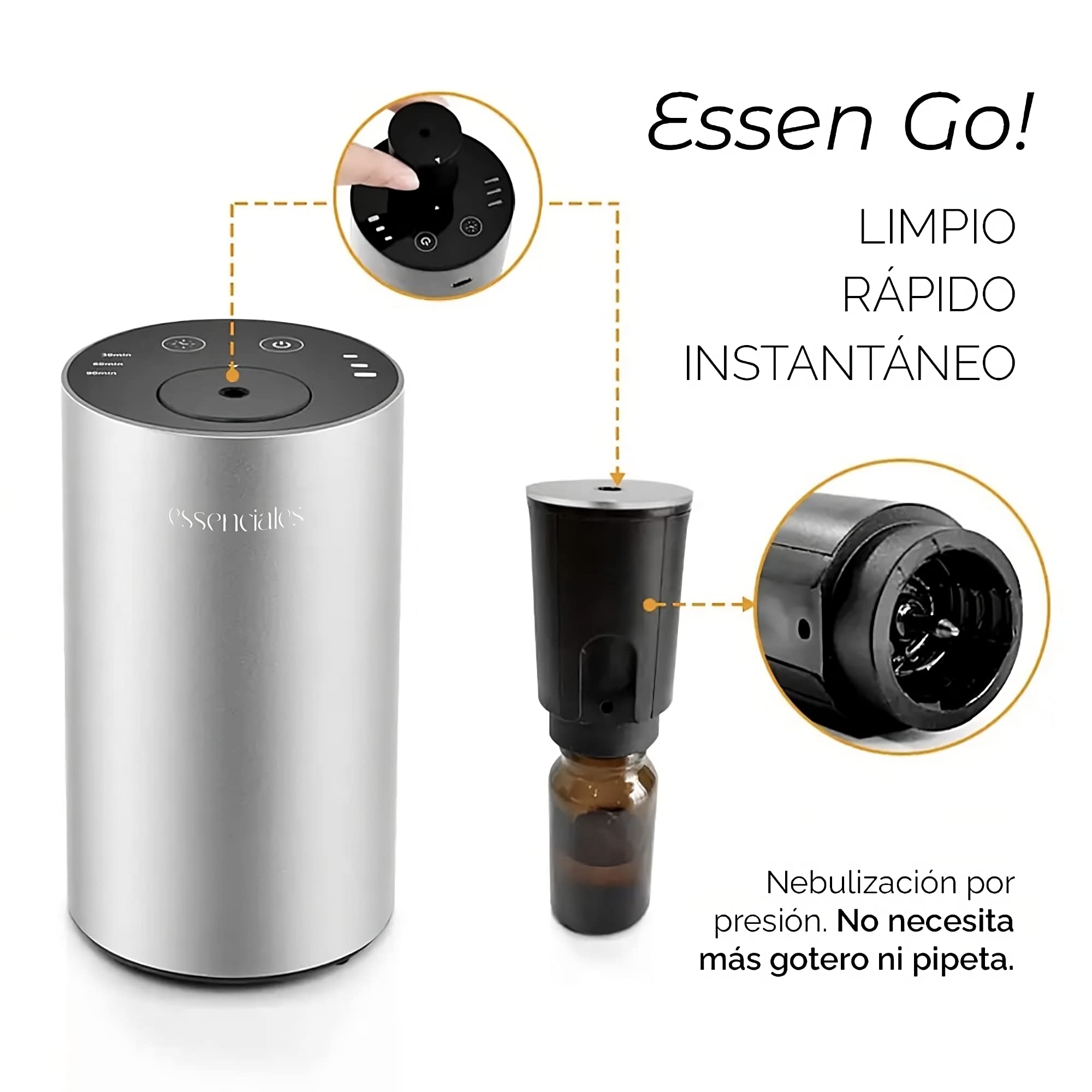 Ambientador Coche ESSENGO con Aceites Esenciales - Sin Agua, ni Cables, Incluye 2 aceites de 10ml de Limón y Eucalipto