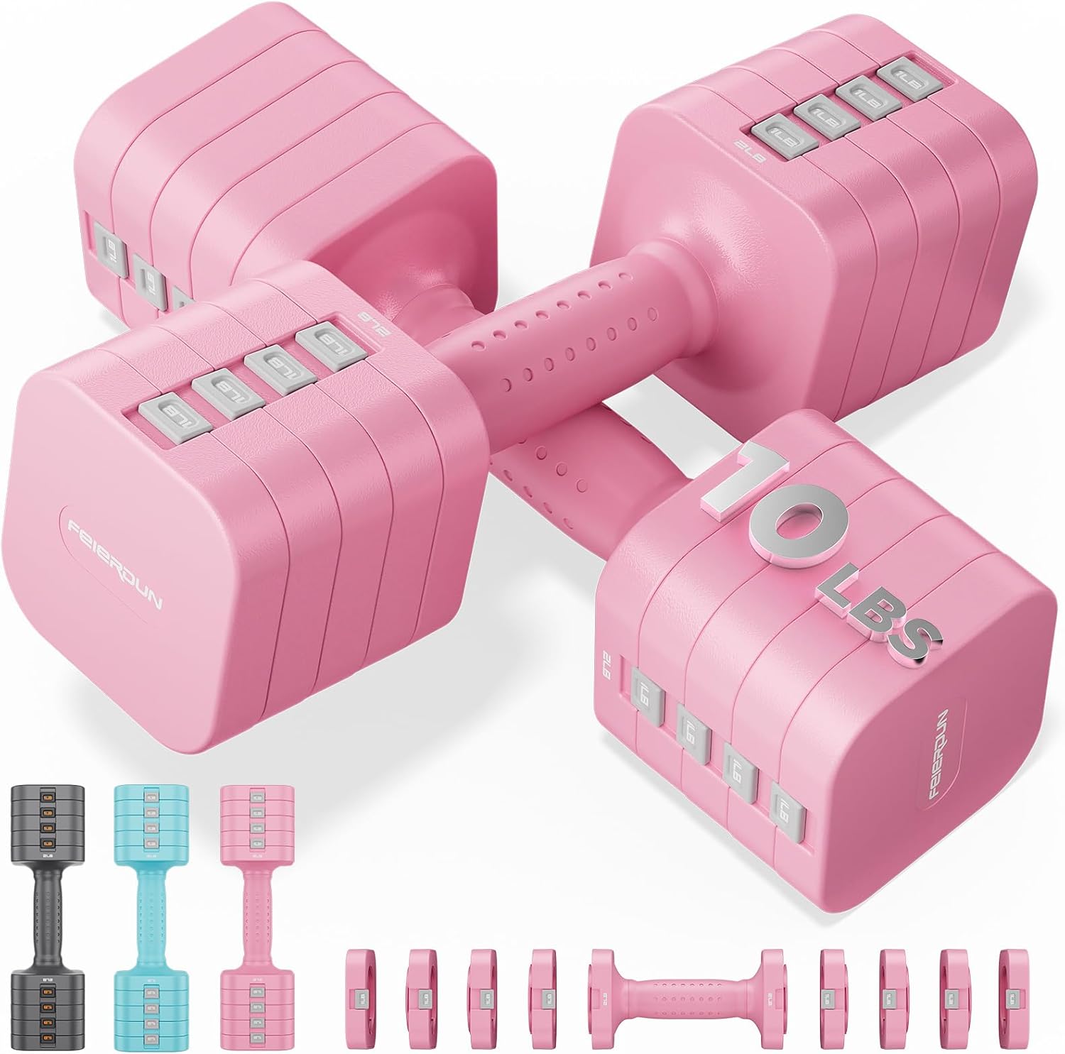 FEIERDUN 5-in-1 Adjustable Dumbbell Set of 2, 20LBS/10LBS Hand Weights for Women, 1s-Adjust Dual-Stable Dumbbell Set for Women Home Gym & Outdoor B-Cute Pink (20LBS Total)