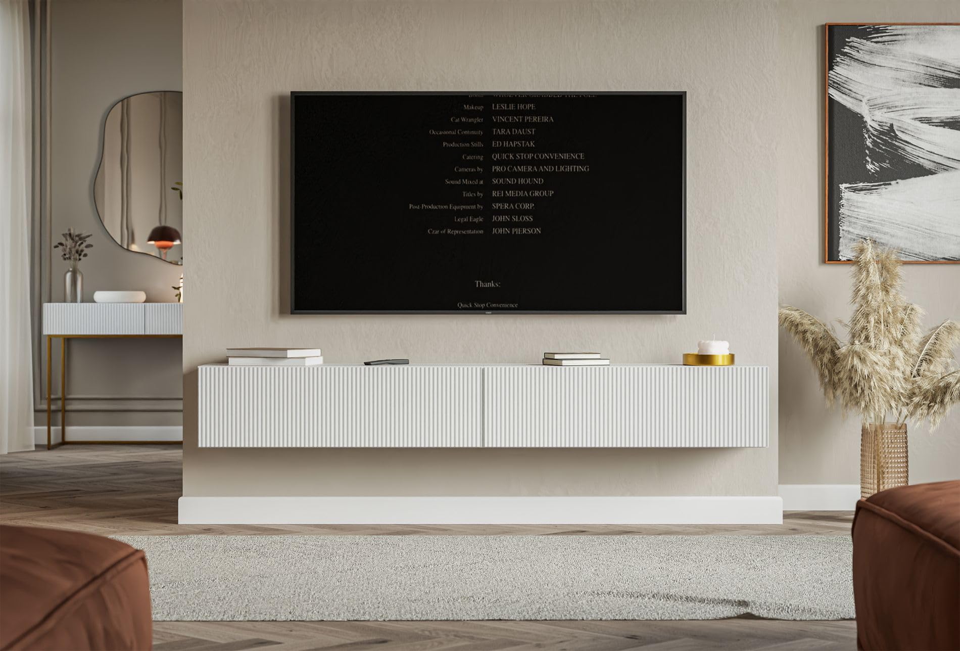Selsey Meuble TV Suspendu 200 cm Blanc Mat Design Moderne – Rangement à 4 Compartiments Façade Rainurée Idéal Déco Élégante et Contemporaine Salon/Chambre Panneau Laminé/MDF Solide