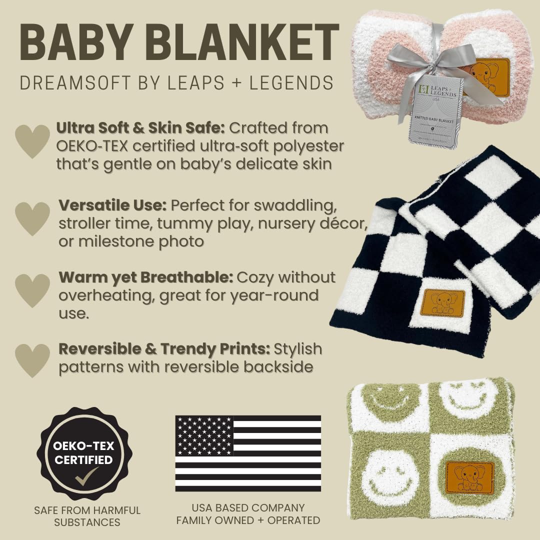 Manta de bebé a cuadros de 28 x 40 pulgadas con parche de cuero, manta de punto suave para cuna o cochecito, manta de recepción/regalo esencial para niños pequeños, bebés o niños (negro/blanco)