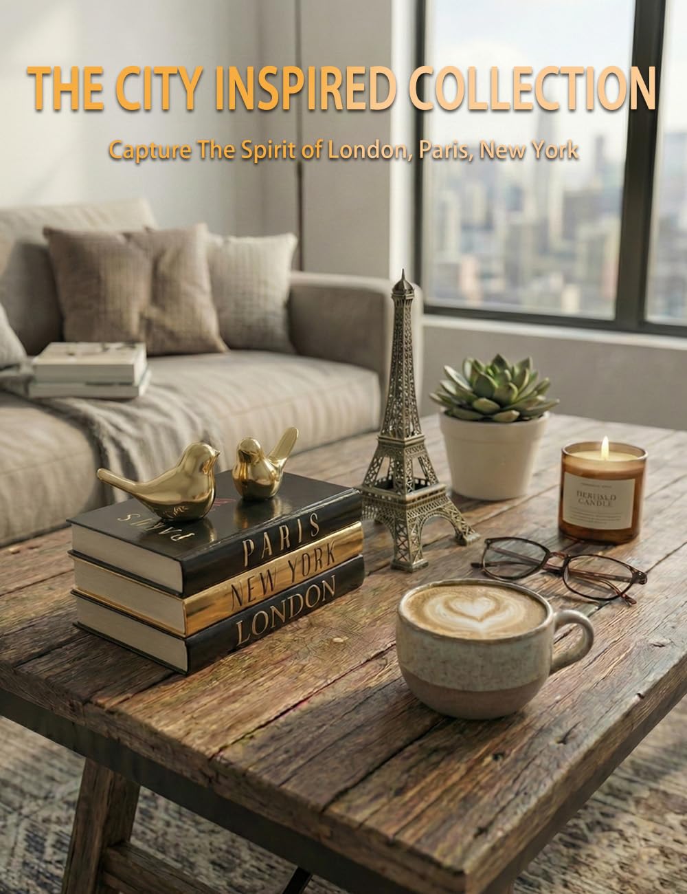 Libros decorativos para decoración del hogar y decoración de libros de mesa de café, juego de 3 diarios de tapa dura real (París, Londres, Nueva York) con pájaros de cerámica dorada, decoración