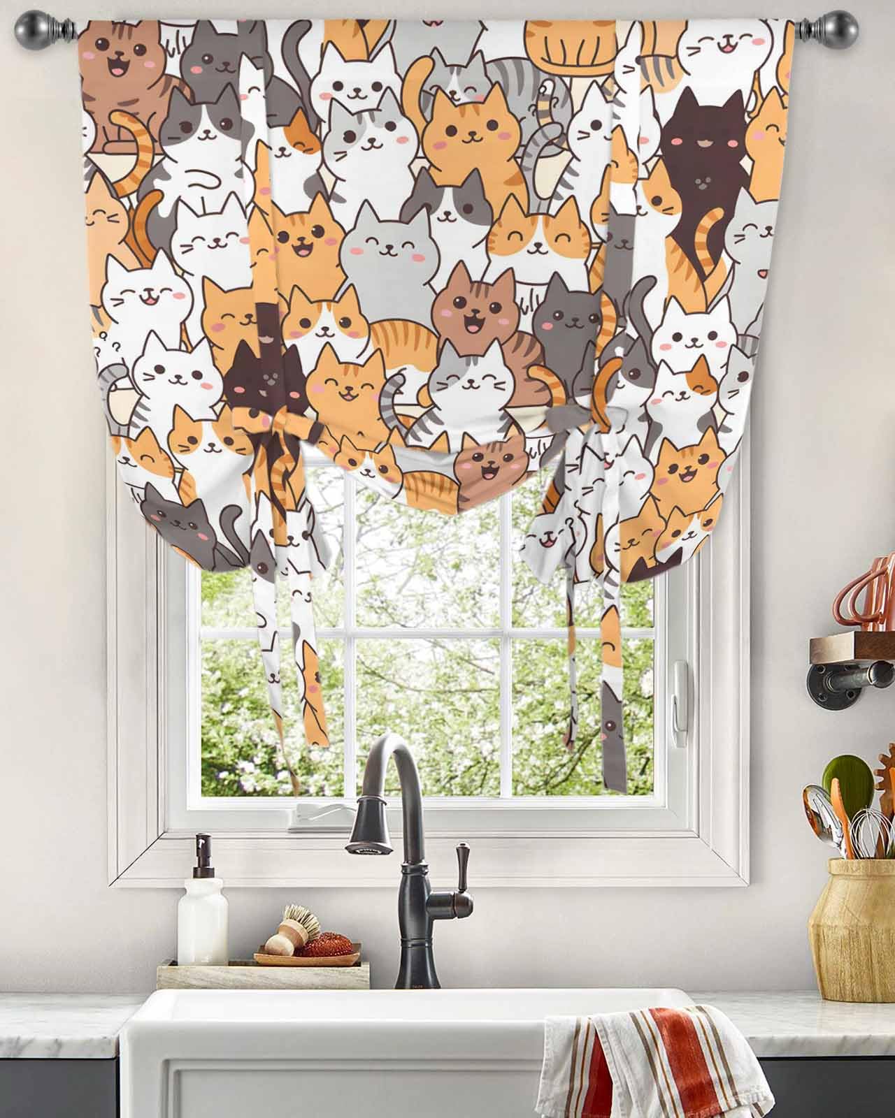 Cartoon Cat Tie Up Curtains for Windows 63 Inch Length Balloon Curtains Kitchen Adjustable Balloon Window Shade Modern Funny Cute Orange Gray Animals Tie Up Valance Bathroom Curtain Window 52