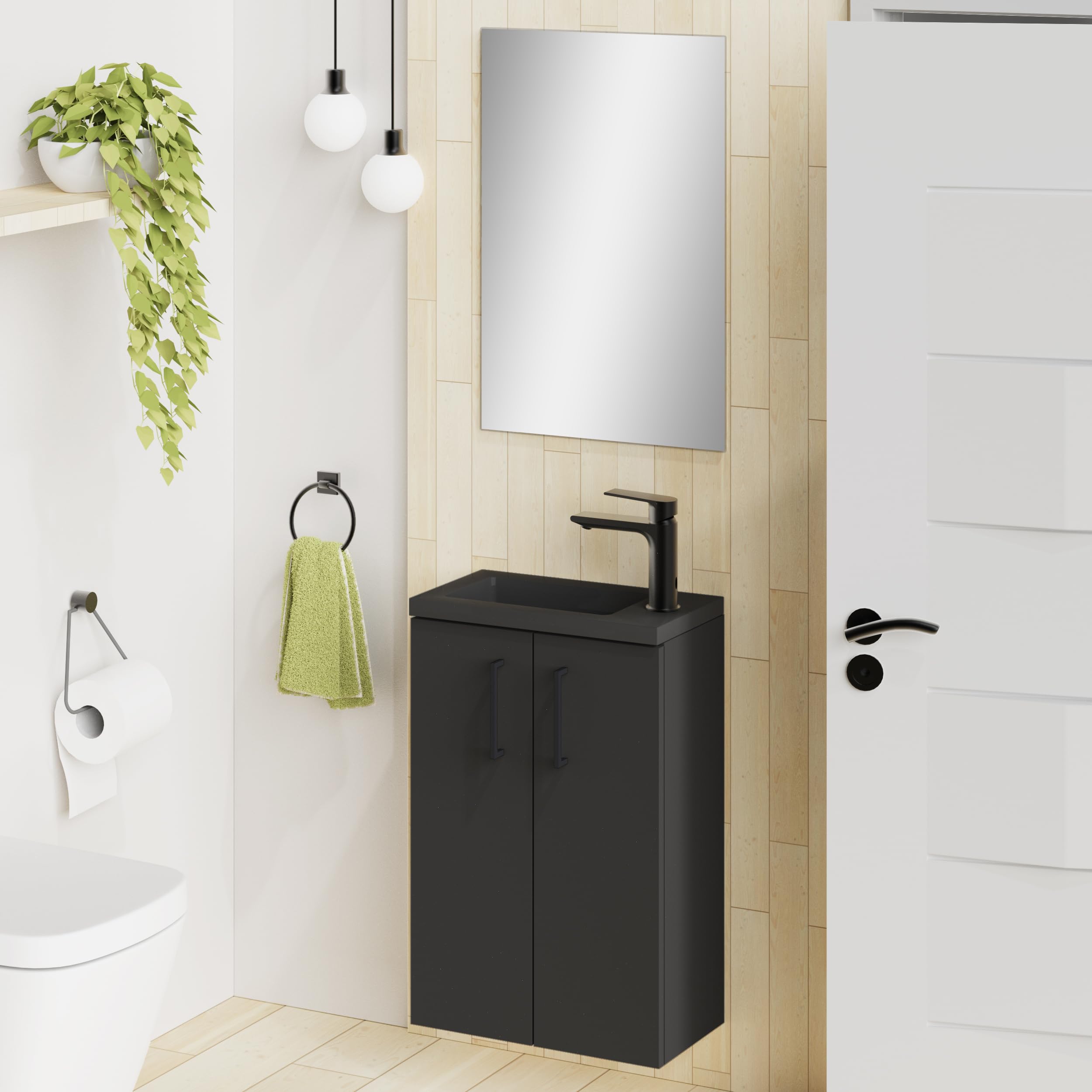 Baikal Mueble de Baño Unicolor. Conjunto de Baño de 2 Puertas con Tirador. Suspendido en Pared, Incluye Lavabo cerámico. Lavamanos de Fondo 20cm. Mueble MONTADO. Lavamanos con Espejo 40 cm Negro Mate