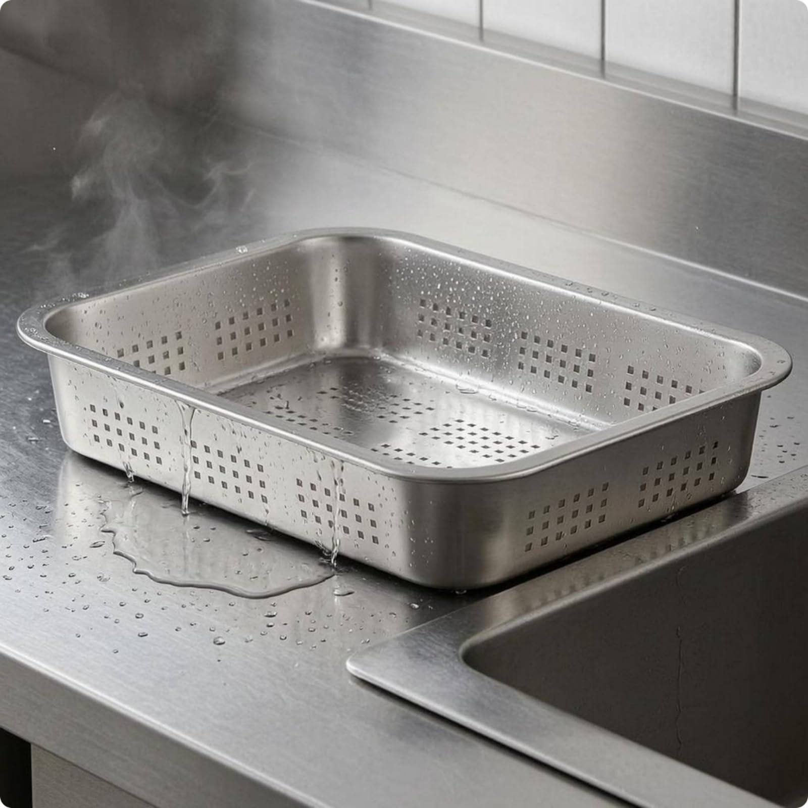Vassoio Fondo Piatto Angoli Arrotondati Finitura Argento Vassoio Forato in Acciaio Inox Ventilato Recipiente, Vassoio Quadrato Perforato 304, 70×50×4.8cm