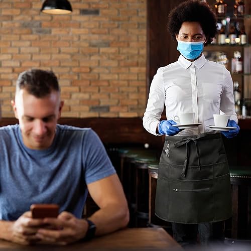 Miniatura 2 de AEKTBY Delantales negros con 6 bolsillos, delantal de cintura para camarera unisex, peluquero, limpiador