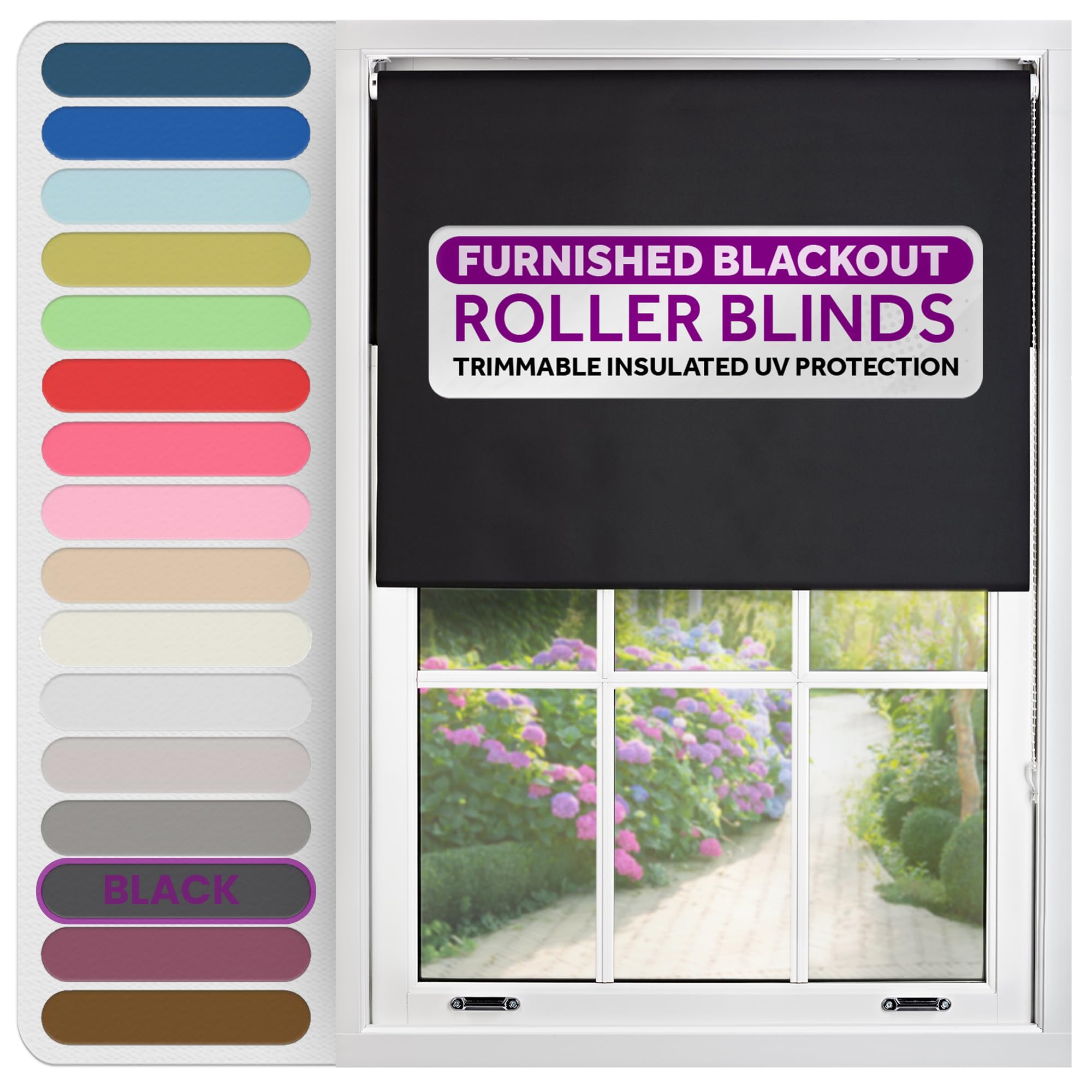 FURNISHED Roller Blinds Thermal Blackout Roller Blind - Trimmable Insulated UV Protection Child Safe Easy Fit Home Office Window Blinds, Black, 225 cm Wide x 165 cm Long