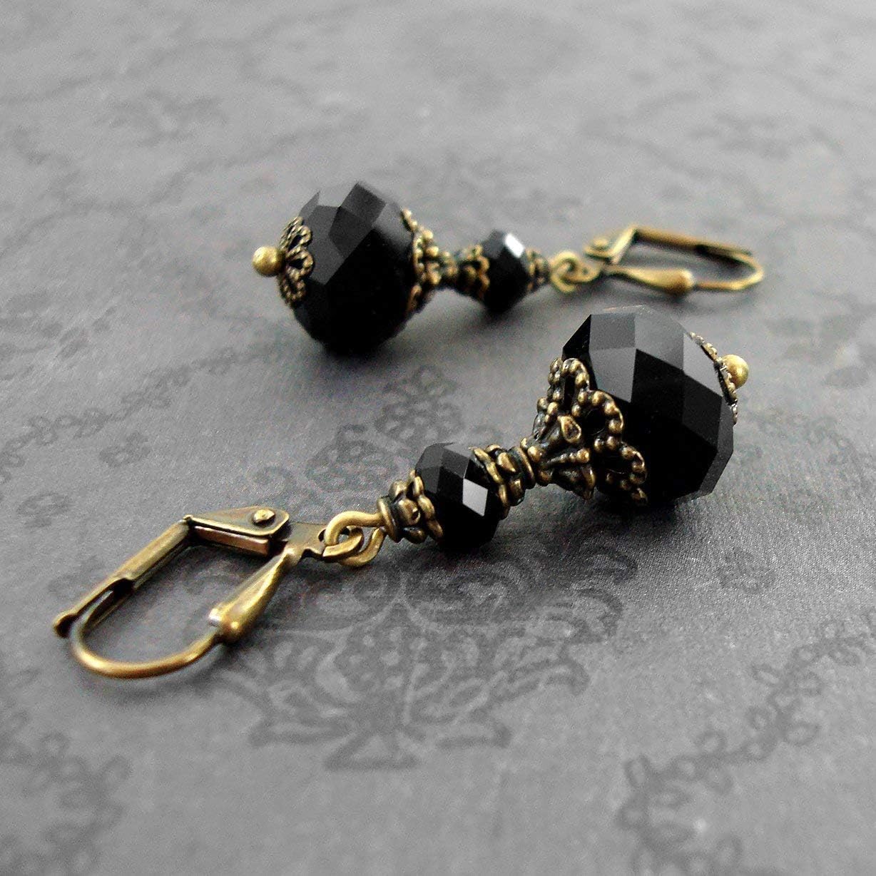 Victorian Style Black Crystal Rondelle Bead Lever-back Earrings with Antiqued Brass Filigree
