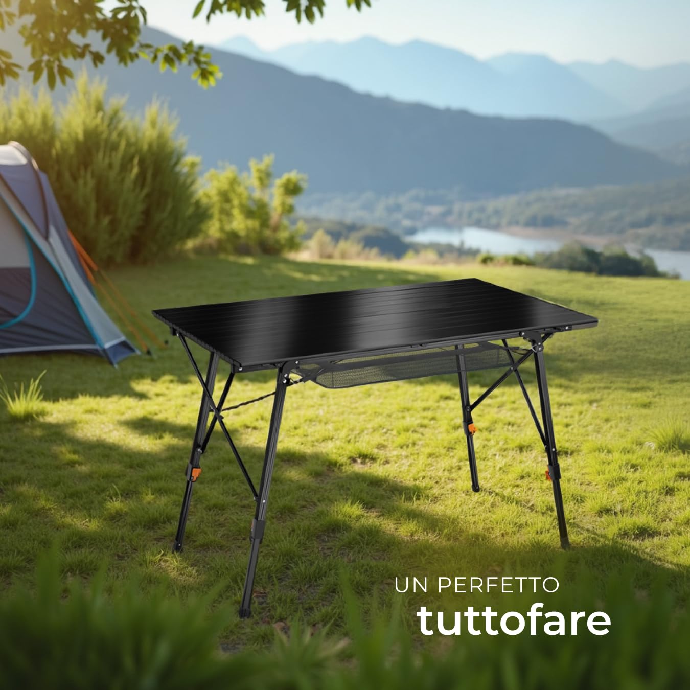 tectake® Tavolo da Campeggio in Alluminio Pieghevole Bastian, Regolabile in Altezza, Tavolo, Alluminio, Tavolo Richiudibile, Rete Portaoggetti, Tavolo Pieghevole Campeggio - Nero
