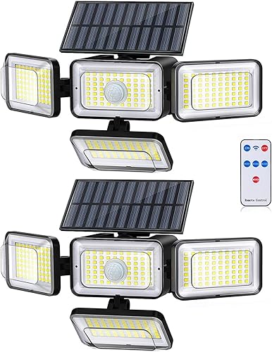 Mokot Solar Lights Outdoor, 288 LED 2800LM Motion Sensor Outdoor Light with Remote Control, 4 Heads IP65 Waterproof Solar Flood Security Lights for Outside Patio Wall -2PACK(4Head-2PACK)