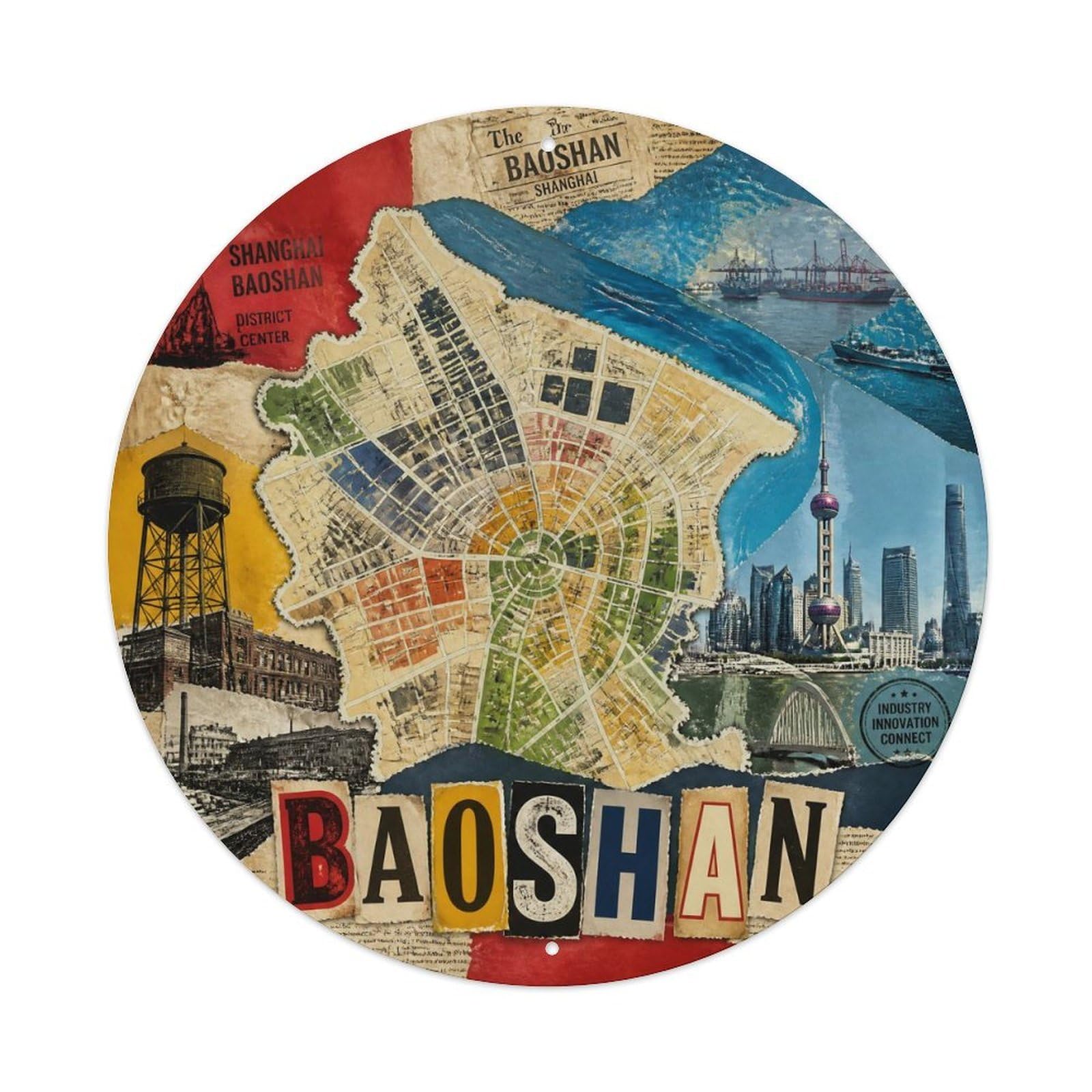 Okngb Style Shanghai Baoshan District Street Grid Landmark Route Metal Tin Sign Plaque Wall Decor For Cafe, Man Cave, Club Bar, Office, Home Garden Round Metal Poster 8X8inch