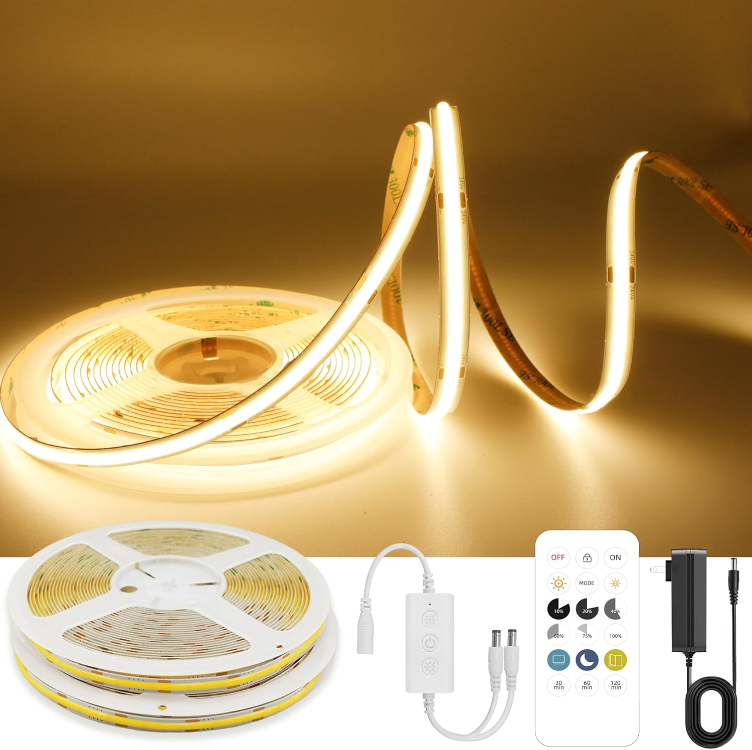 65.6ft COB LED Strip Light Warm White, High Bright LED Strips with 320LEDs, RF Remote and UL Power Supply, 3000K Dimmable LED Lights for Bedroom,Kitchen, DIY Home Decoration, 2 Rolls of 32.8ft