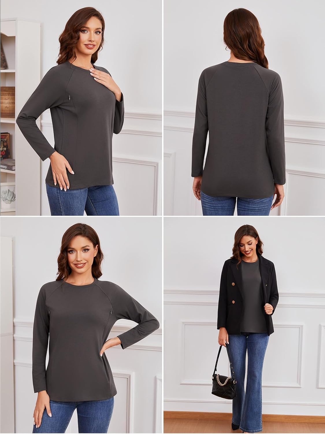 Ecavus 3-Pack Long Sleeve Breastfeeding Shirts with Hidden Zippers Comfort and Soft Nursing Shirts for Women - Image 5