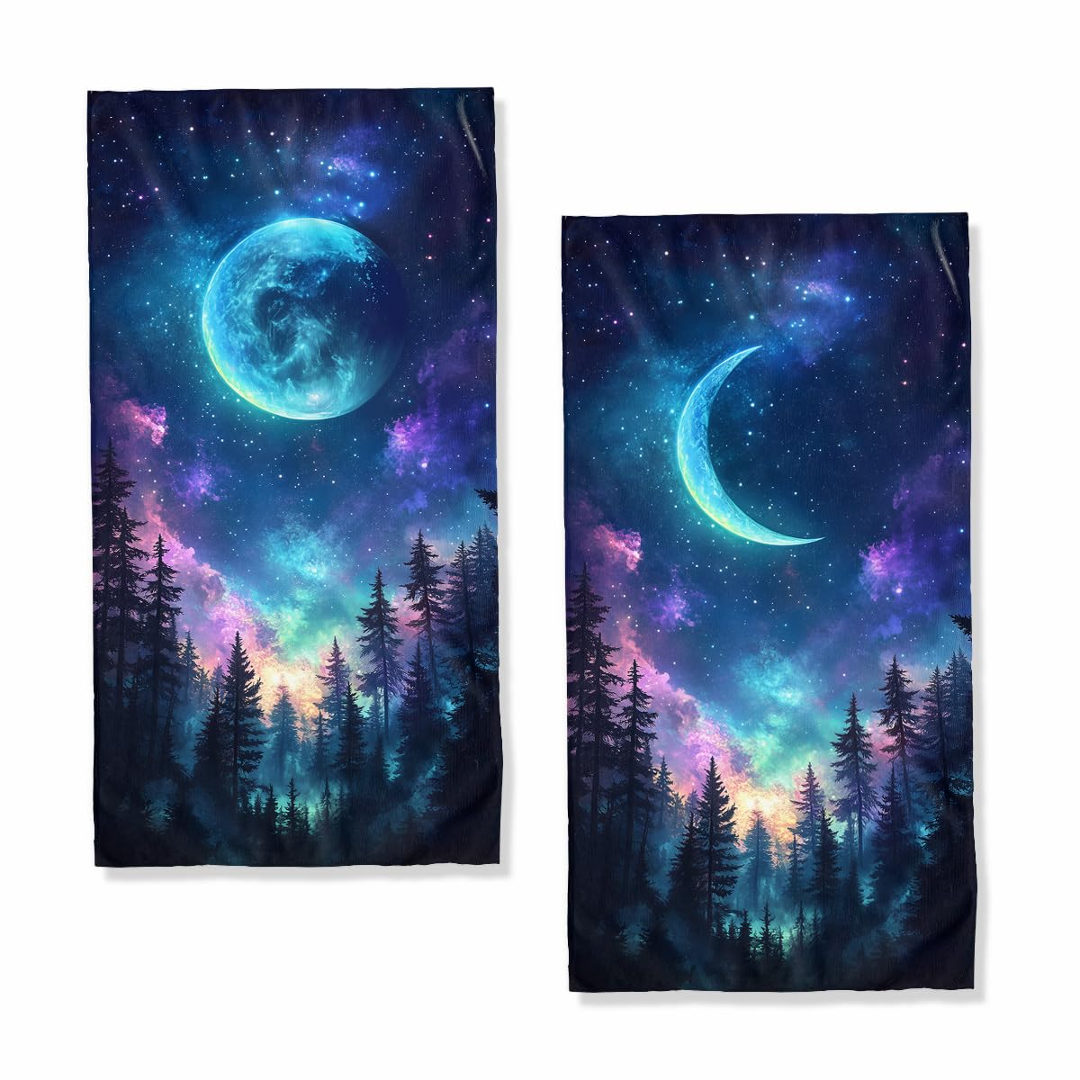 TLCBFF Moon Night Bath Hand Towels Set of 2 Absorbent Starry Sky Forest Landscape Fantasy Galaxy Decorative Hand Towels for Bathroom Kitchen Home Spa