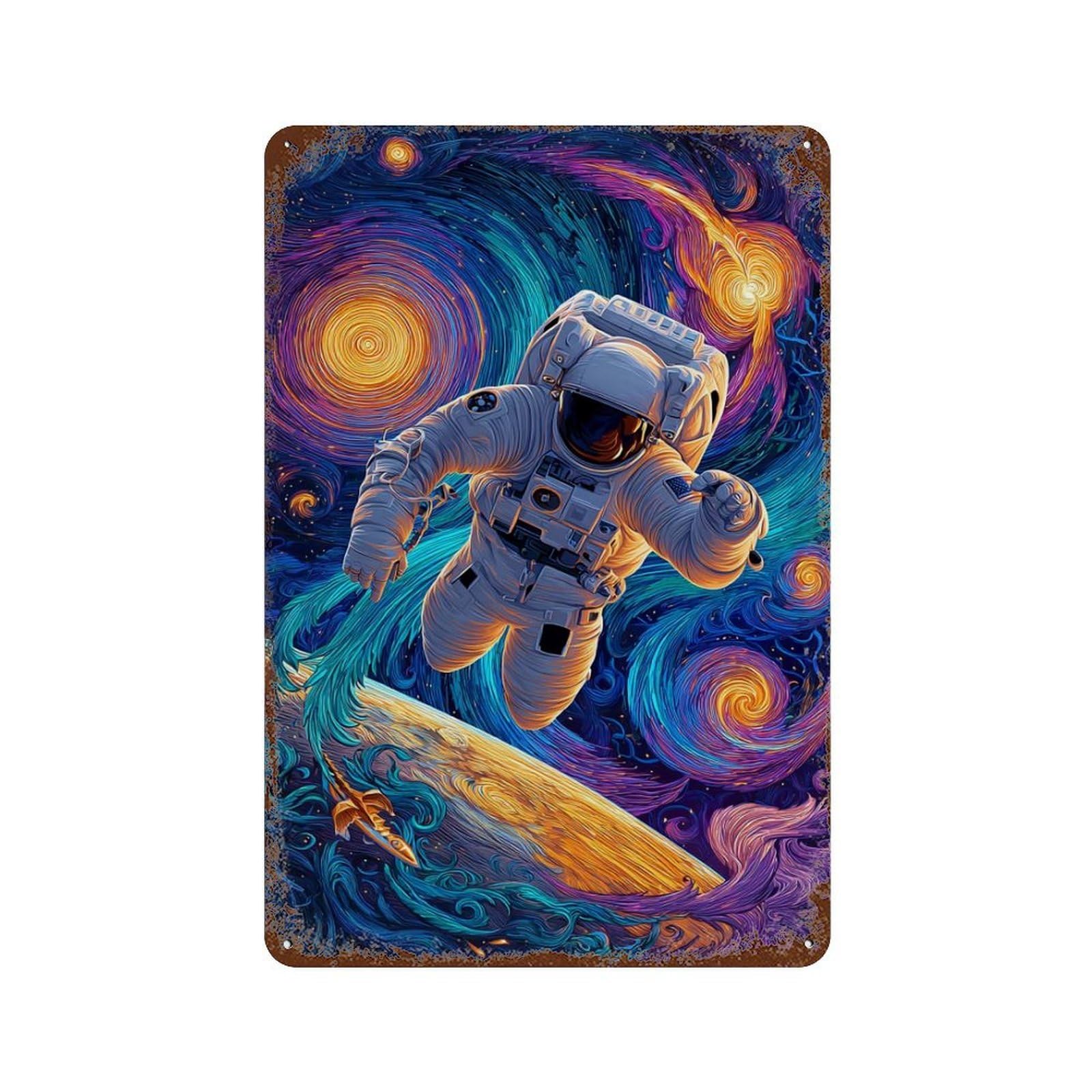 Cosmic Surfing Astronaut Rust Effect Tin Sign 11.8"x7.9", Rustic Home Decor for Cafe, Home Bar And Lounge Decor