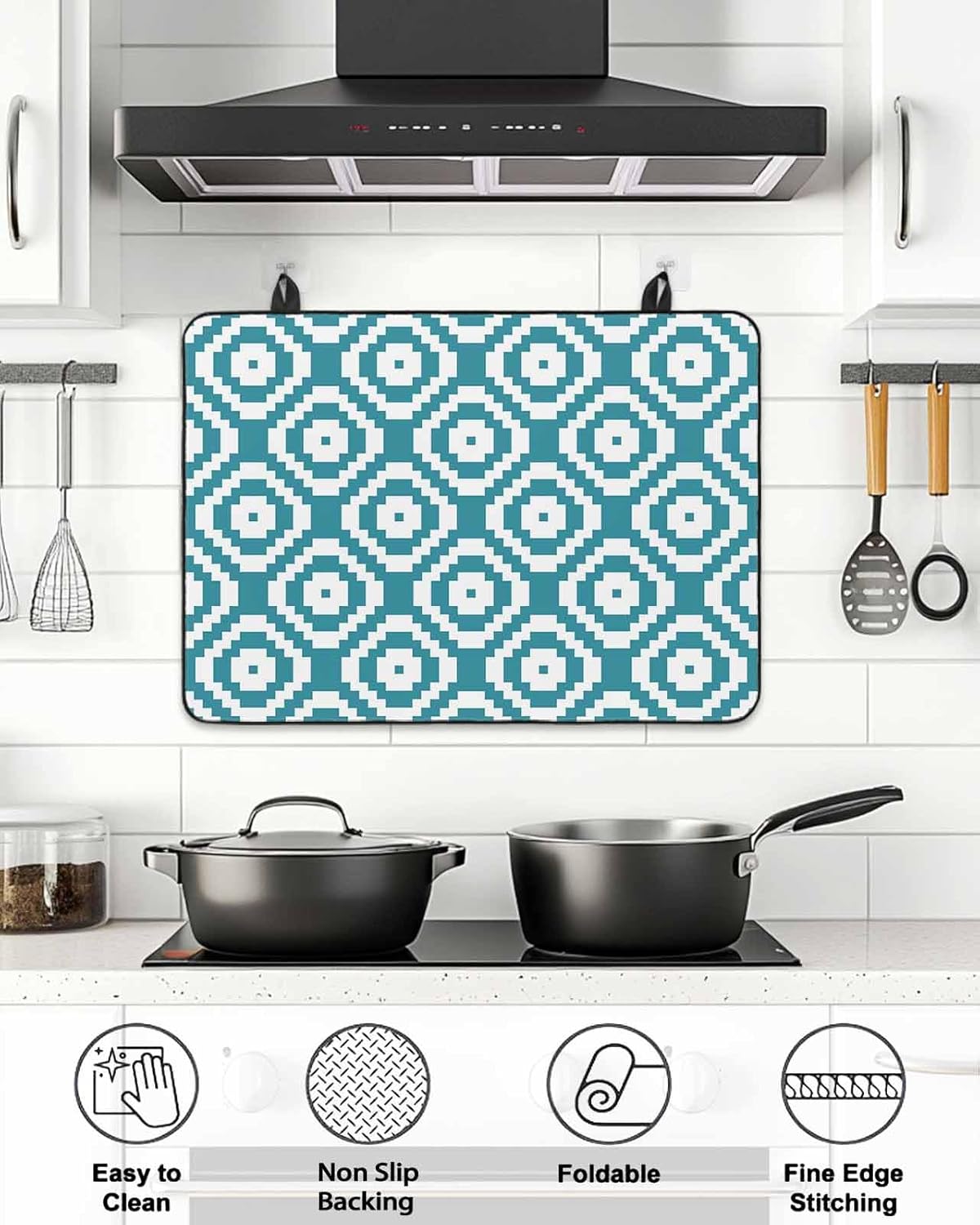 Stove Top Cover Teal Blue Modern Geometric Stove Cover for Electric Stove Top Abstract Square Glass Cooktop Covers Anti-Slip Mat Heat R esistant Countertop Protector Kitchen Decor 31"x24"