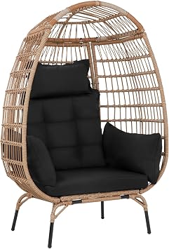 PayLessHere Egg Chair Egg Basket Rattan Chair Steel Frame Oversized Indoor Outdoor Lounger Simple Installation with 4 Comfort Cushion and Stand,352lb Capacity for Patio Garden Living Room,Black
