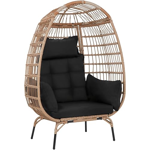 PayLessHere Egg Chair Egg Basket Rattan Chair Steel Frame Oversized Indoor Outdoor Lounger Simple Installation with 4 Comfort Cushion and Stand,352lb Capacity for Patio Garden Living Room，Black