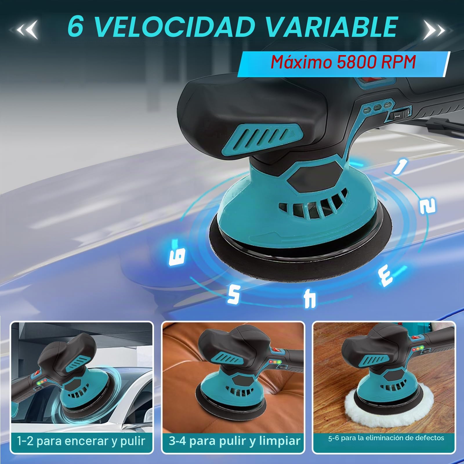 Pulidora de coche para Makita, pulidor orbital de 6 pulgadas con batería, pulidor inalámbrico de 5800 RPM con 6 velocidades variables para detalle/pulido/cera de automóviles, 22 piezas de accesorios