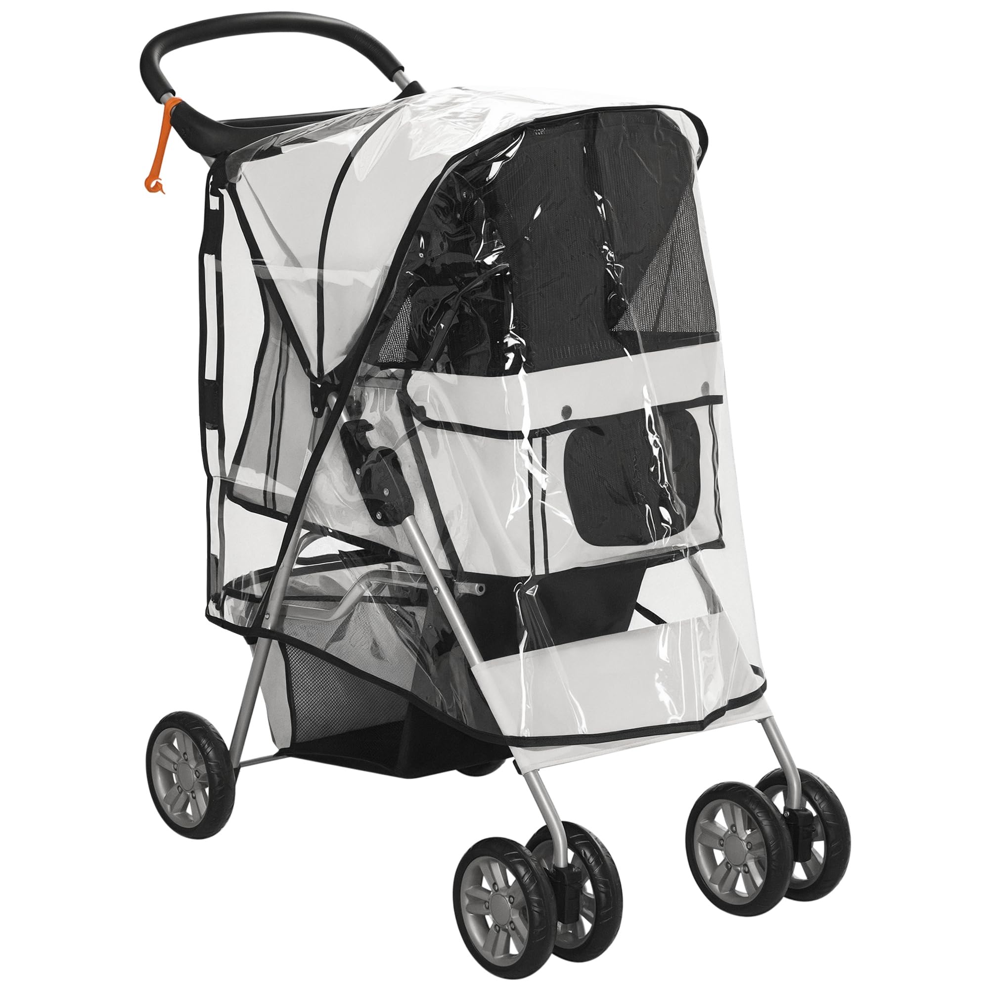 PawHut Poussette Buggy Pliable Animaux, Chariot Pliante Imperméable pour Chien et Chat, Porte-Gobelet, Panier de Rangement Inclus, Roues avec Frein, Tissu 600D Oxford, Toit Amovible Incluse, Gris