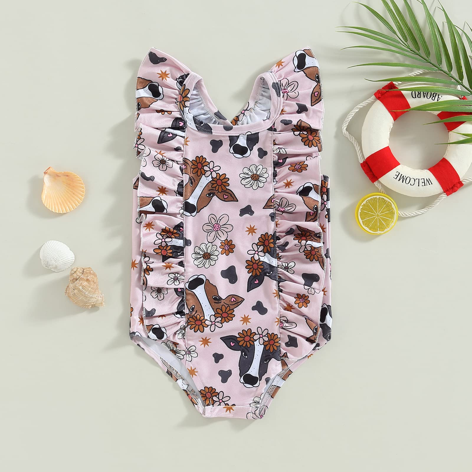 Muasaaluxi Toddler Baby Girl Swimsuit Cow Print Ruffle Swimwear One Piece Bathing Suit Beachwear Western Summer Clothes 18M-6T (Pink, 4-5 Years)