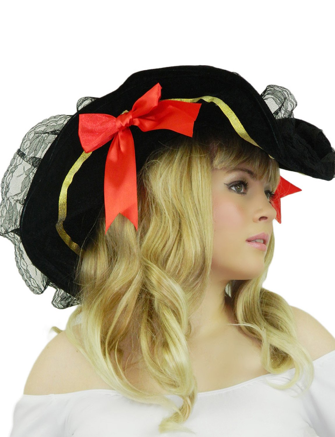 Yummy Bee Pirate Hat Deluxe Adult Black Velvet Red Satin Bows Fancy Dress Costume