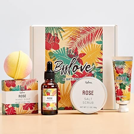 Spa Gifts for Women, Gift Set for Her Bath Gift Box, 5pc Rose Bath Sets Include Massage Oil, Bath Bomb, Salt Scrub, Soap, Hand Cream. Birthday Spa Gift Basket,Mothers Day Gifts for Mom