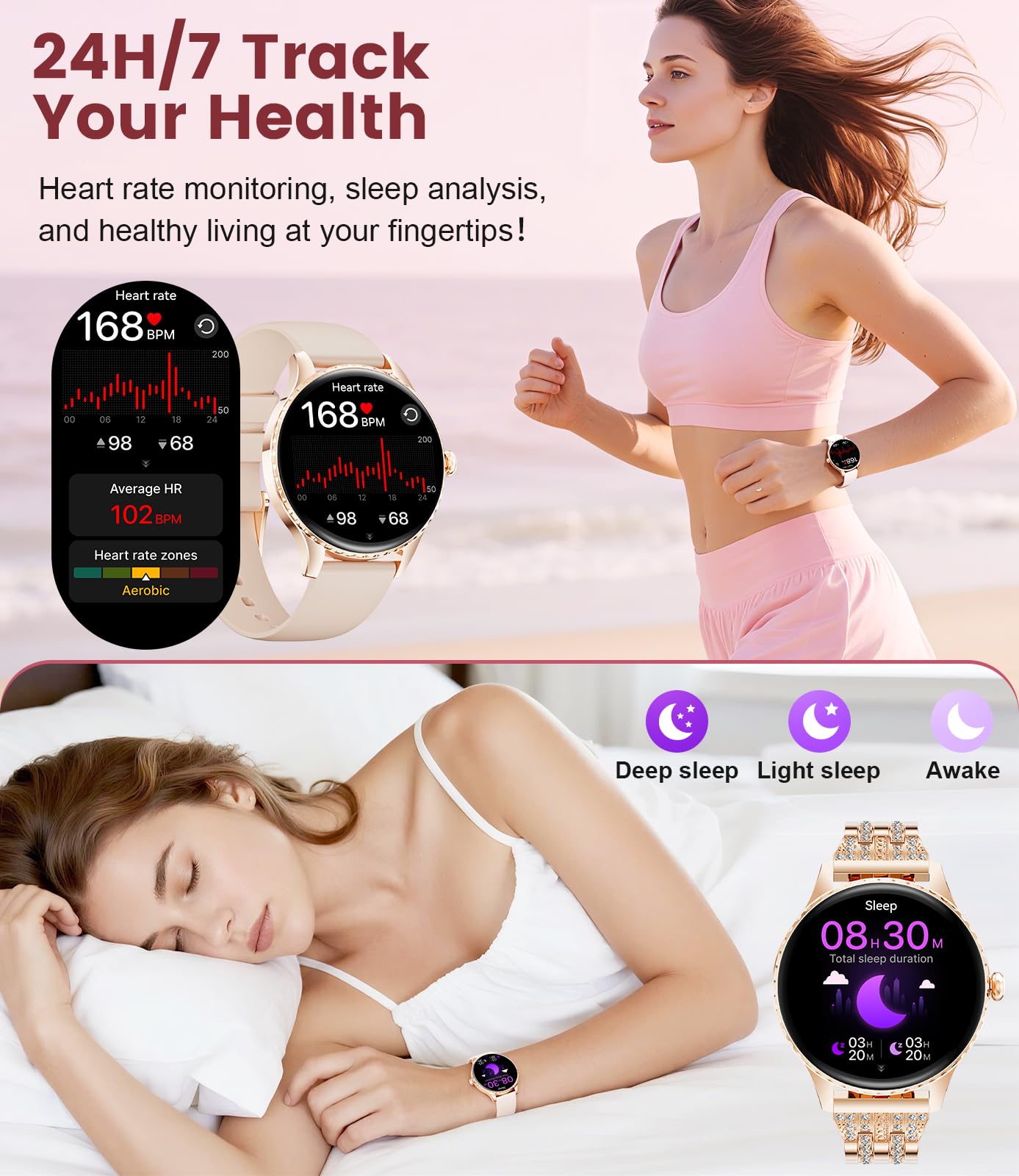 Smartwatch Donna Rotondo,1.32"Amoled Display/Chiamate Bluetooth, Orologio Smartwatch con Fisiologia Femminile/Frequenza Cardiaca/Sonno, 110+ Modalità Sportive IP68 per iOS Android Oro Rosa