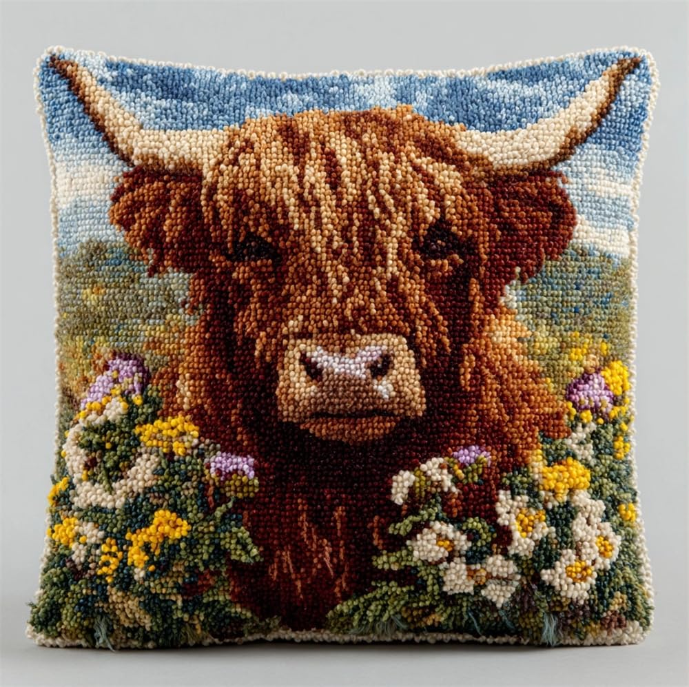 kitphoenix Latch Hook Kits for Adults -Highland Cow and Flowers