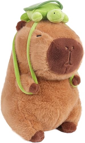 Peluche Capybara de 12 pulgadas con mochila de tortuga, peluche suave de Capybara, almohada de muñeca Capybara de cumpleaños para niños (con bolsa)