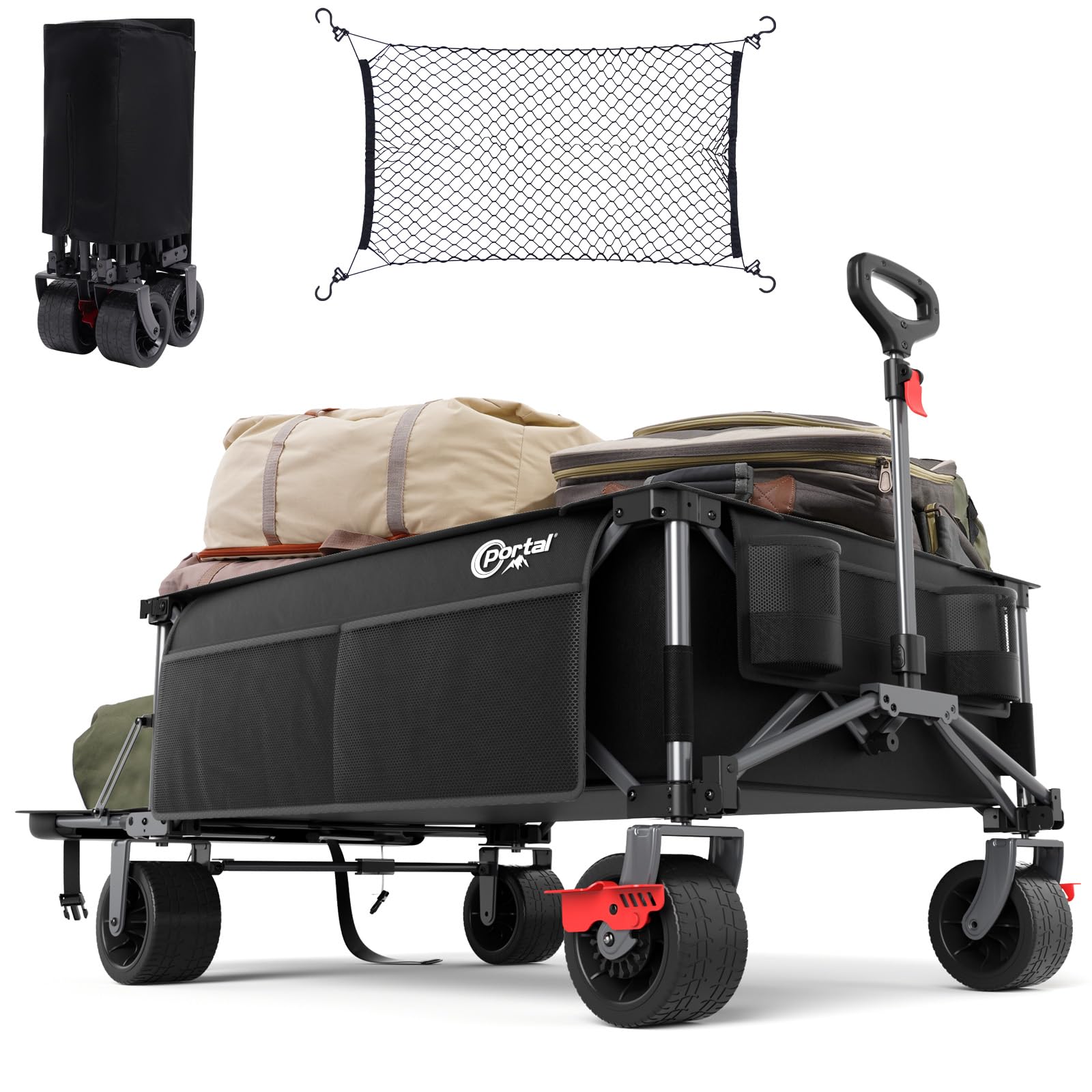 Portal Chariot de Plage Pliable, 600L Chariot de Transport à roulettes Tout Terrain Poignée Réglable Charrette pour Extérieur Camping Pique-Nique avec Filet à Bagages Roue Amovibles de 16 cm